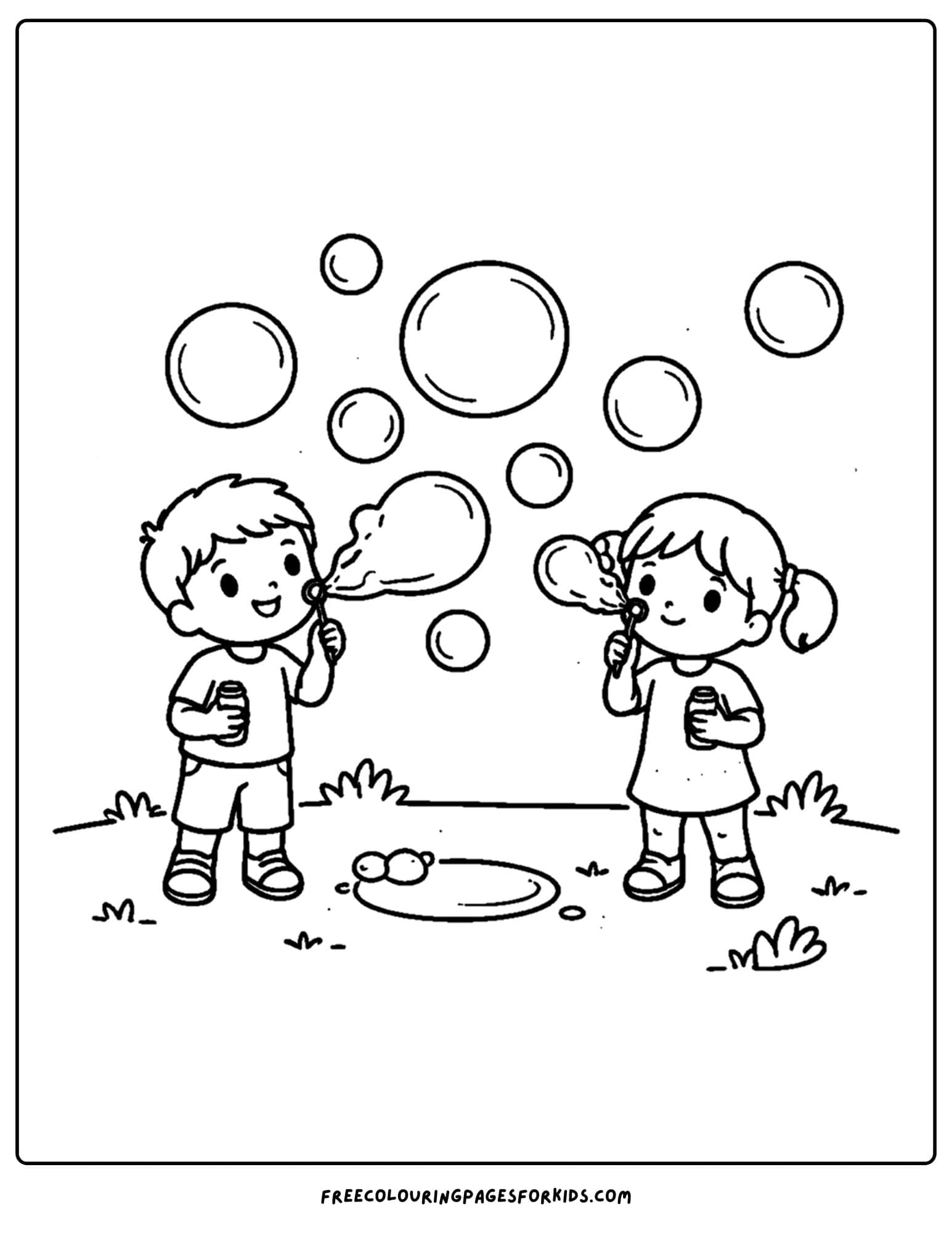 a simple coloring page of kids blowing bubbles