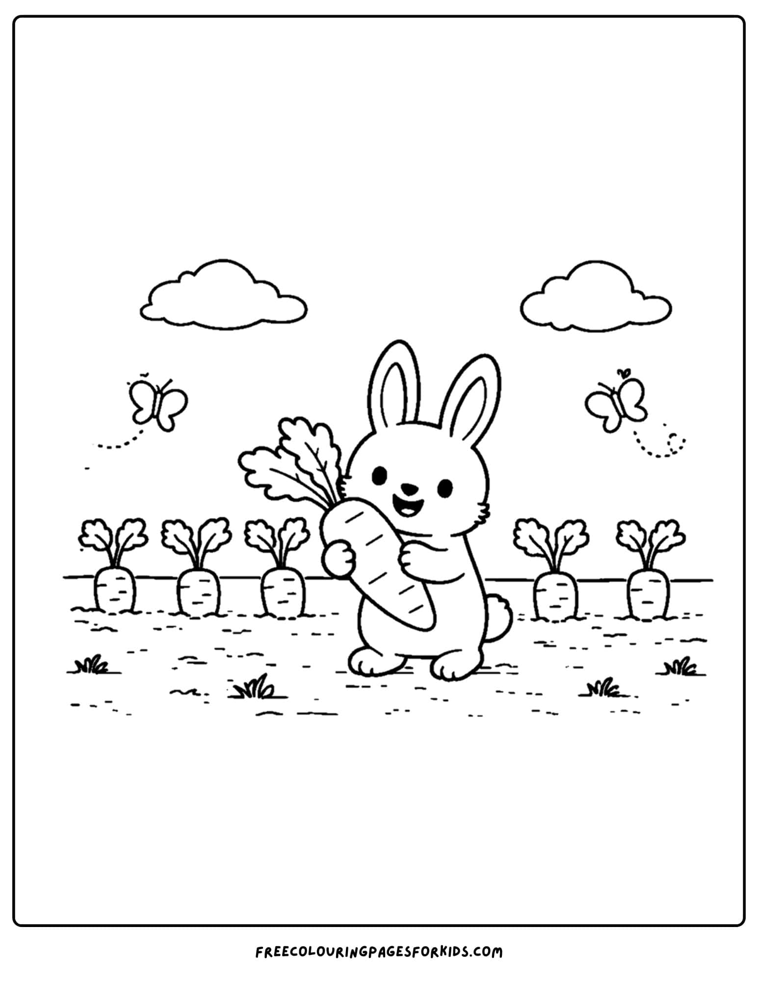 a simple coloring page of a bunny eating a carrot from the garden