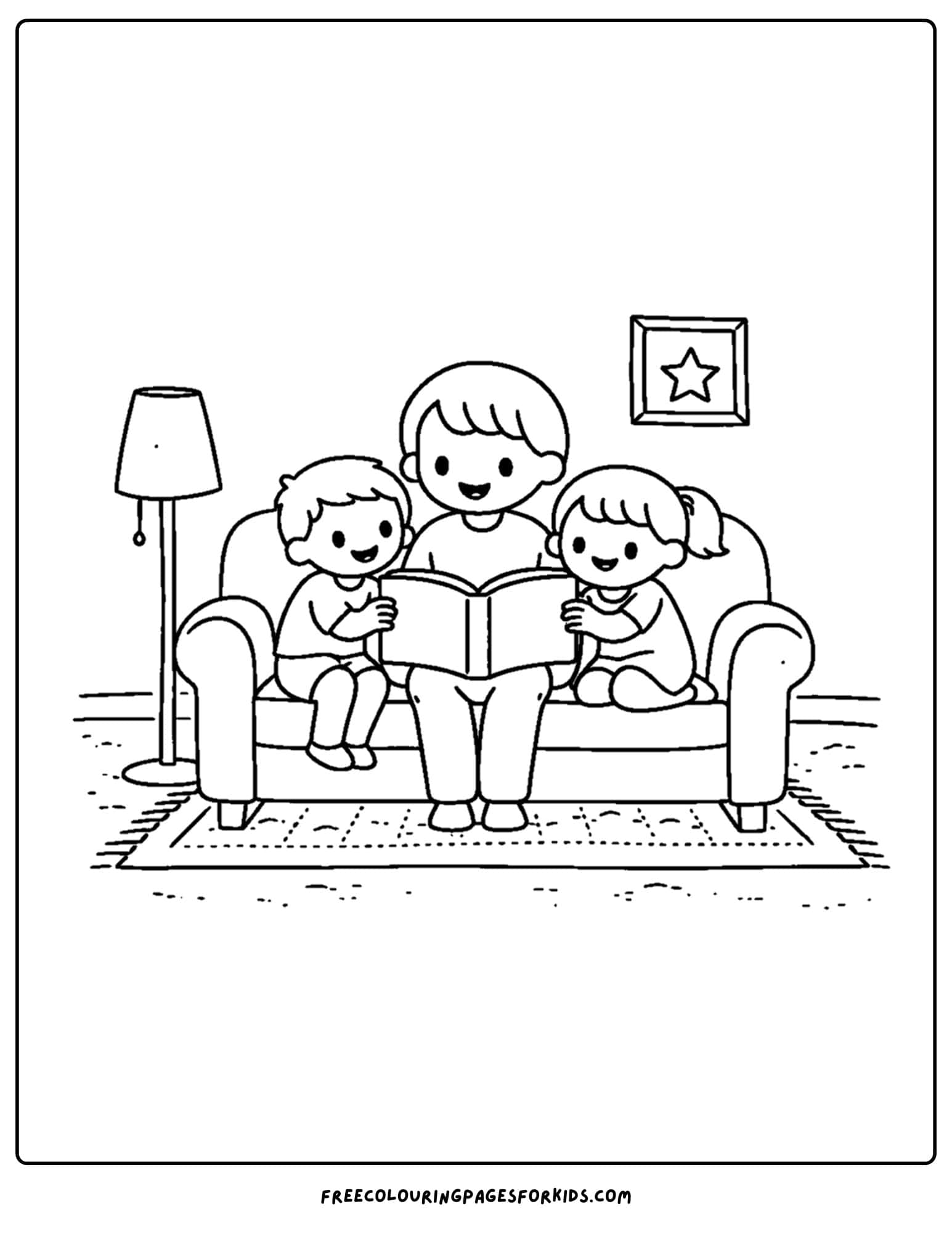 a simple coloring page of a parent reading a story to their kids