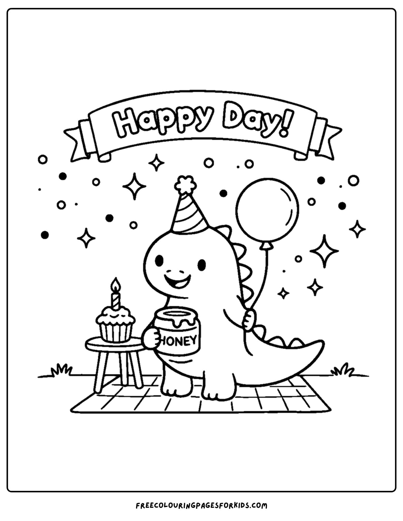 a simple coloring page of a dinosaur at a birthday part