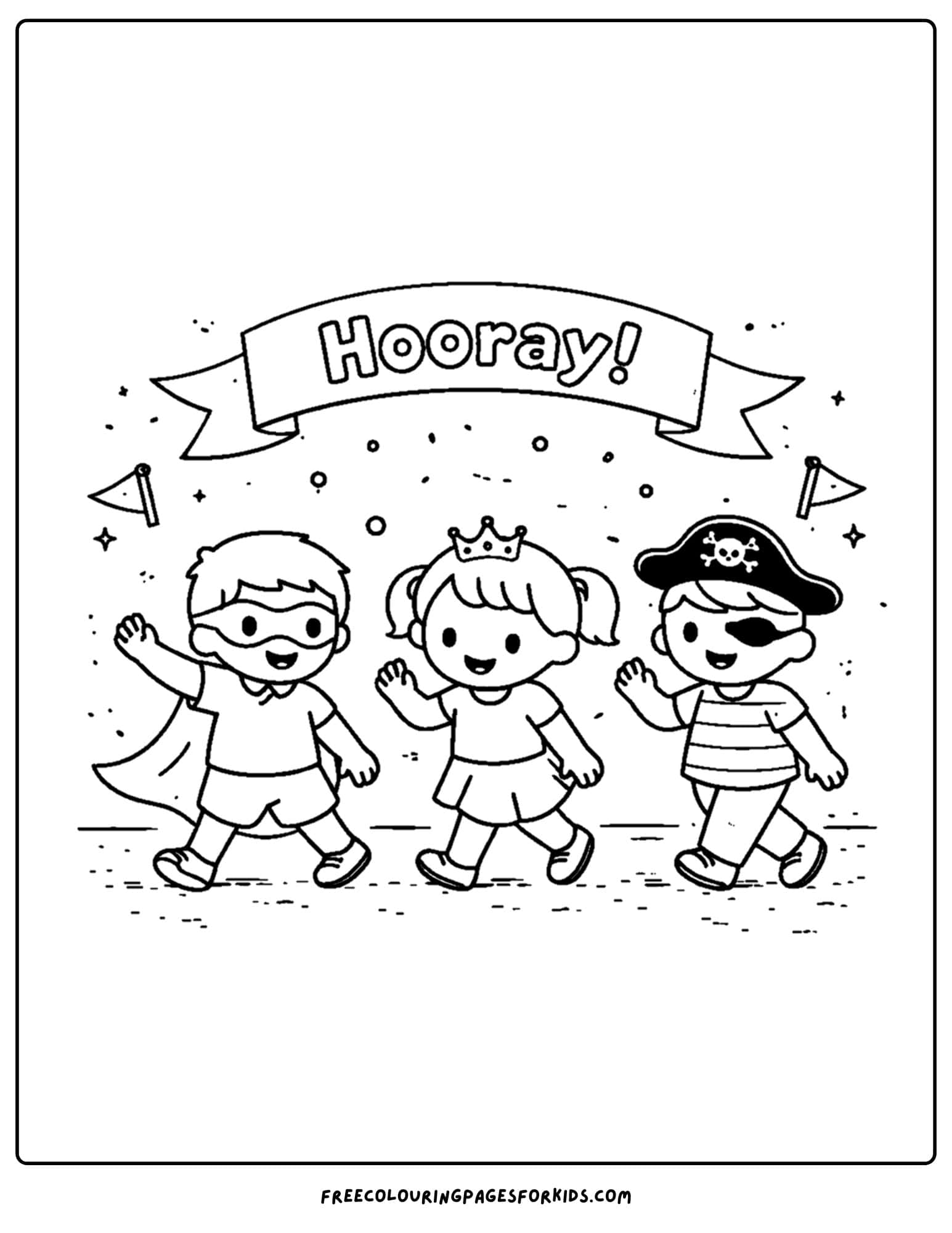 a simple coloring page of kids dressed up for a parade