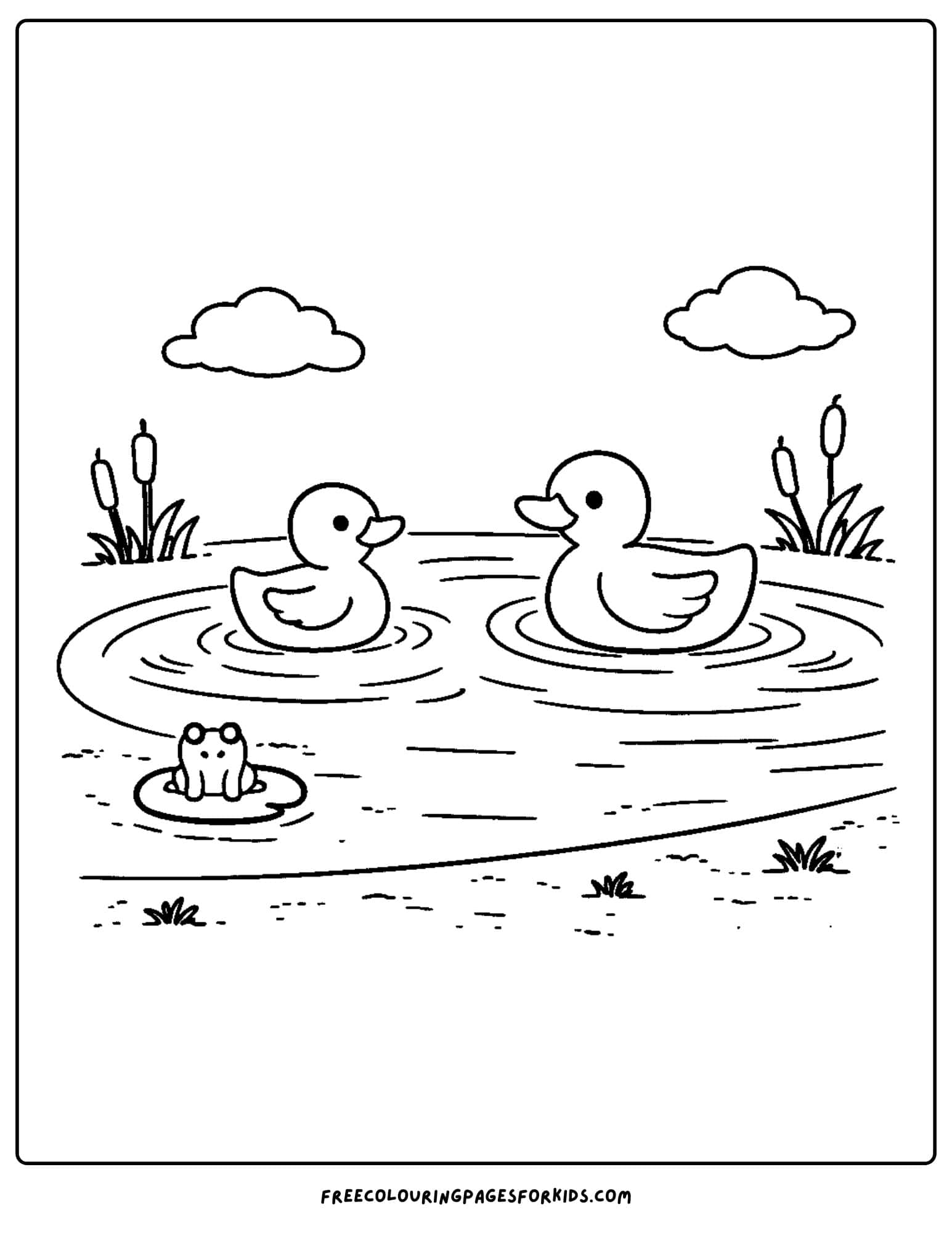 a simple coloring page of ducks on a pond