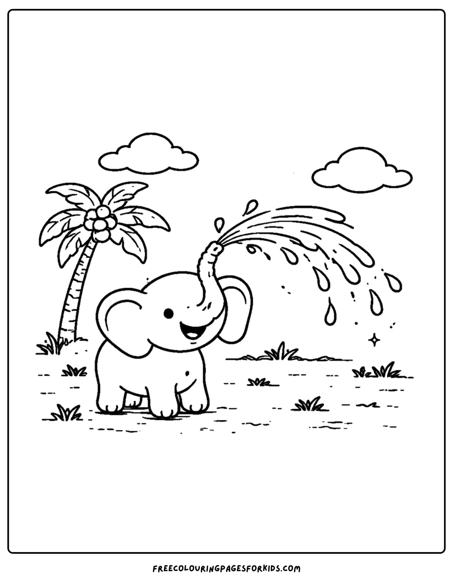 a simple coloring page of an elephant spraying water