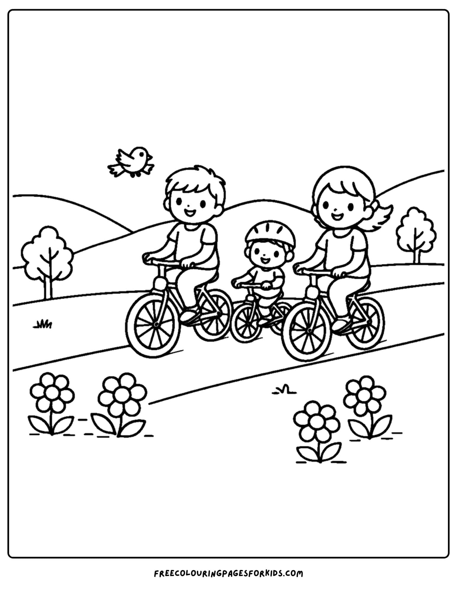 a simple coloring page of a family going on a bike ride