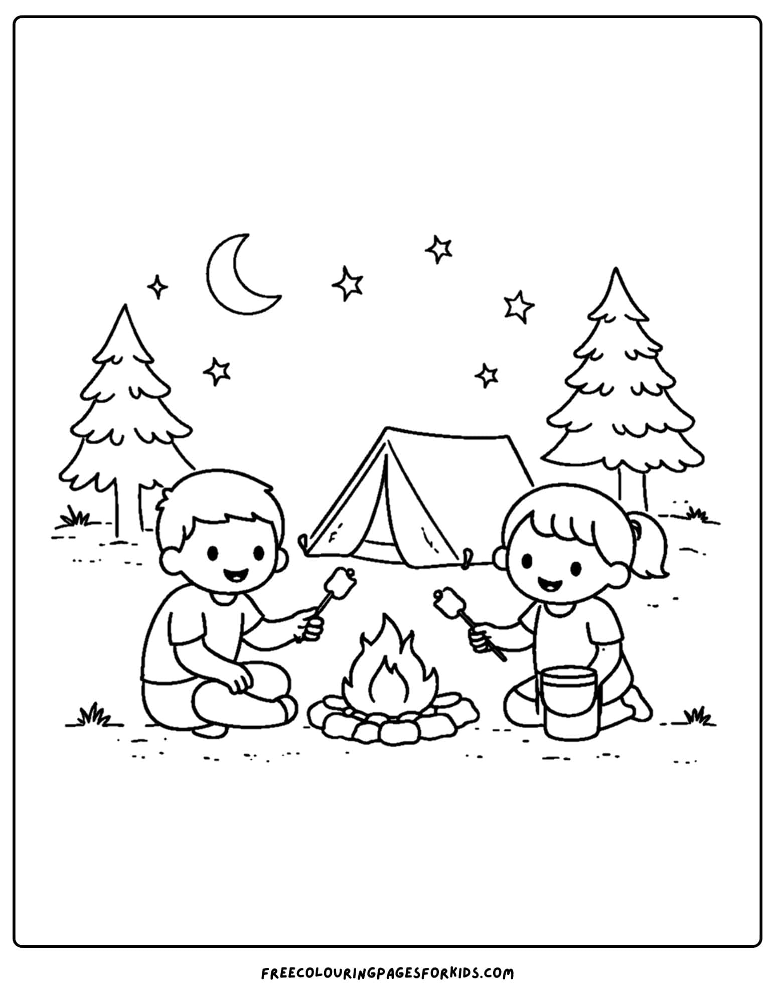 a simple coloring page of kids roating marshmallows on a fire while camping