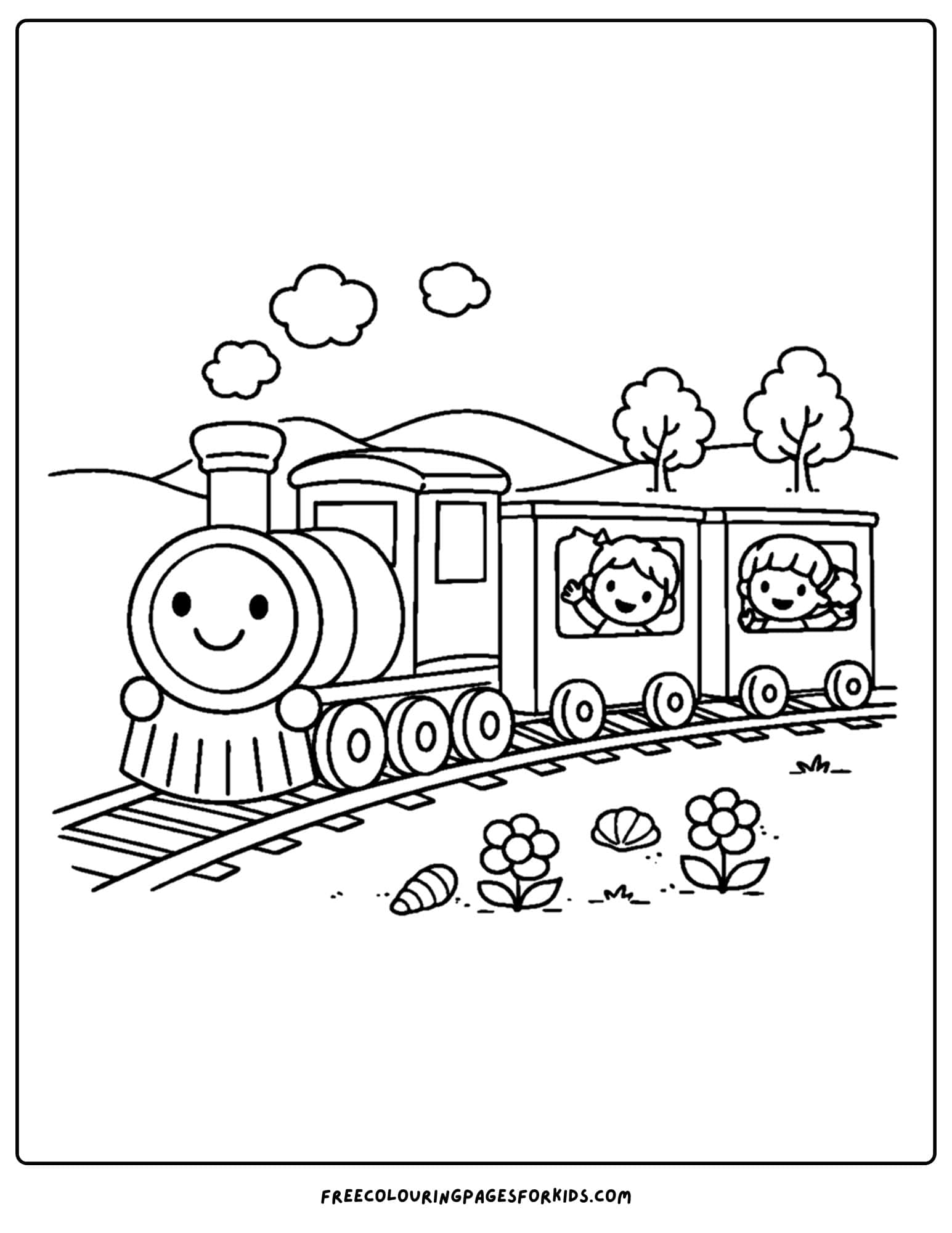a simple coloring page of a train taking kids on a ride