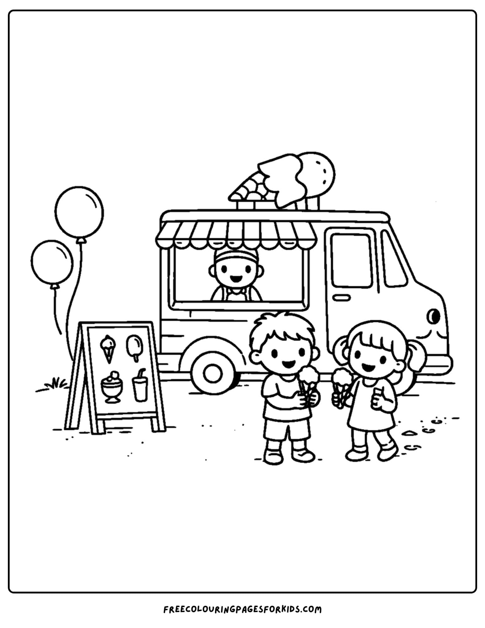 a simple coloring page of kids getting ice cream from an ice cream truck