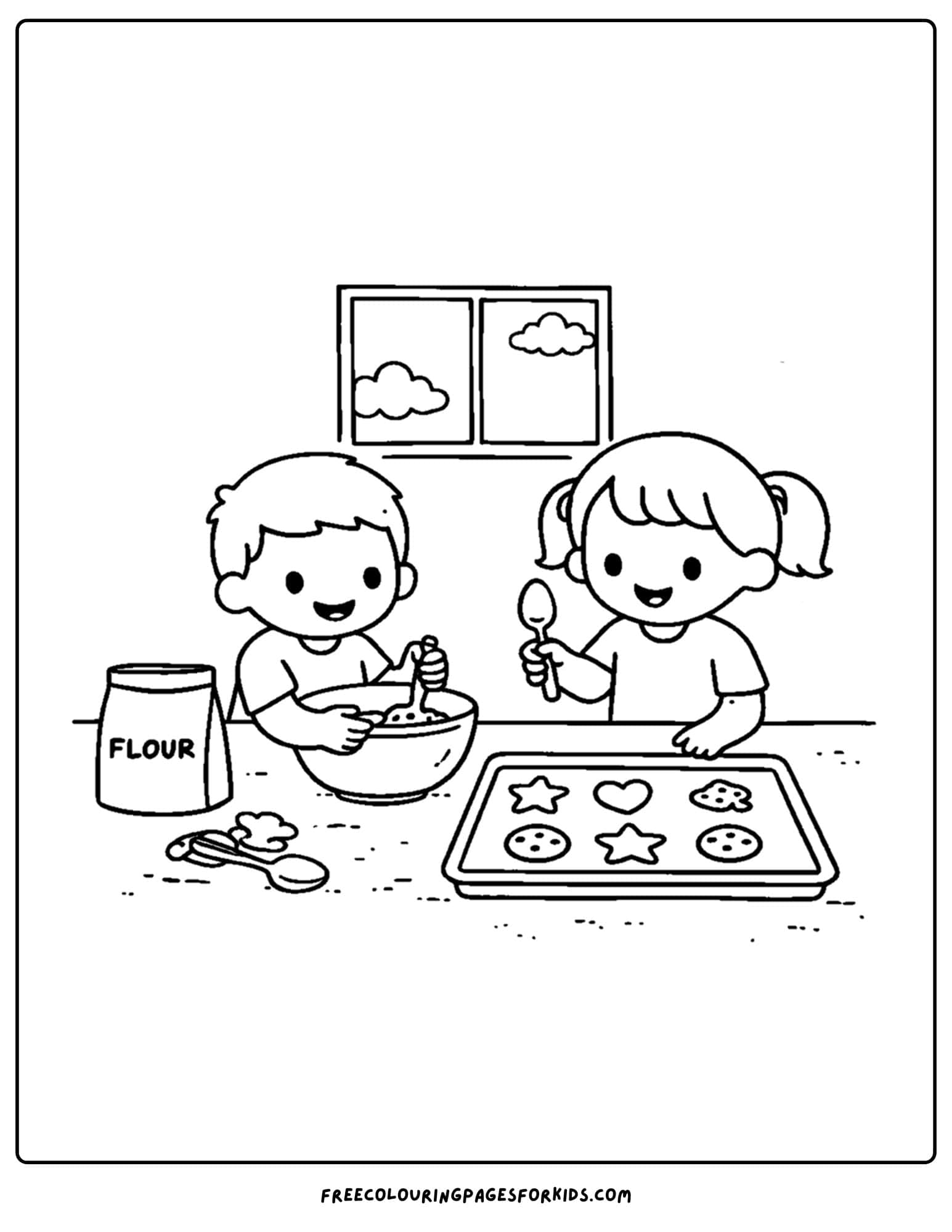 a simple coloring page of two children baking cookies together