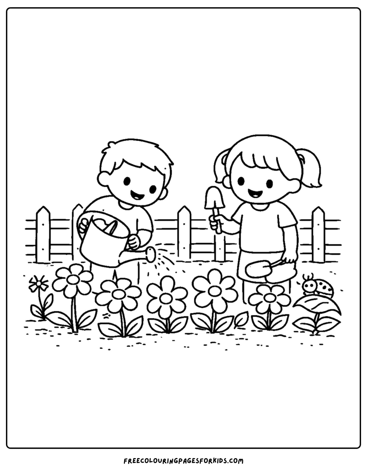 a simple coloring page of two children watering flowers in the garden