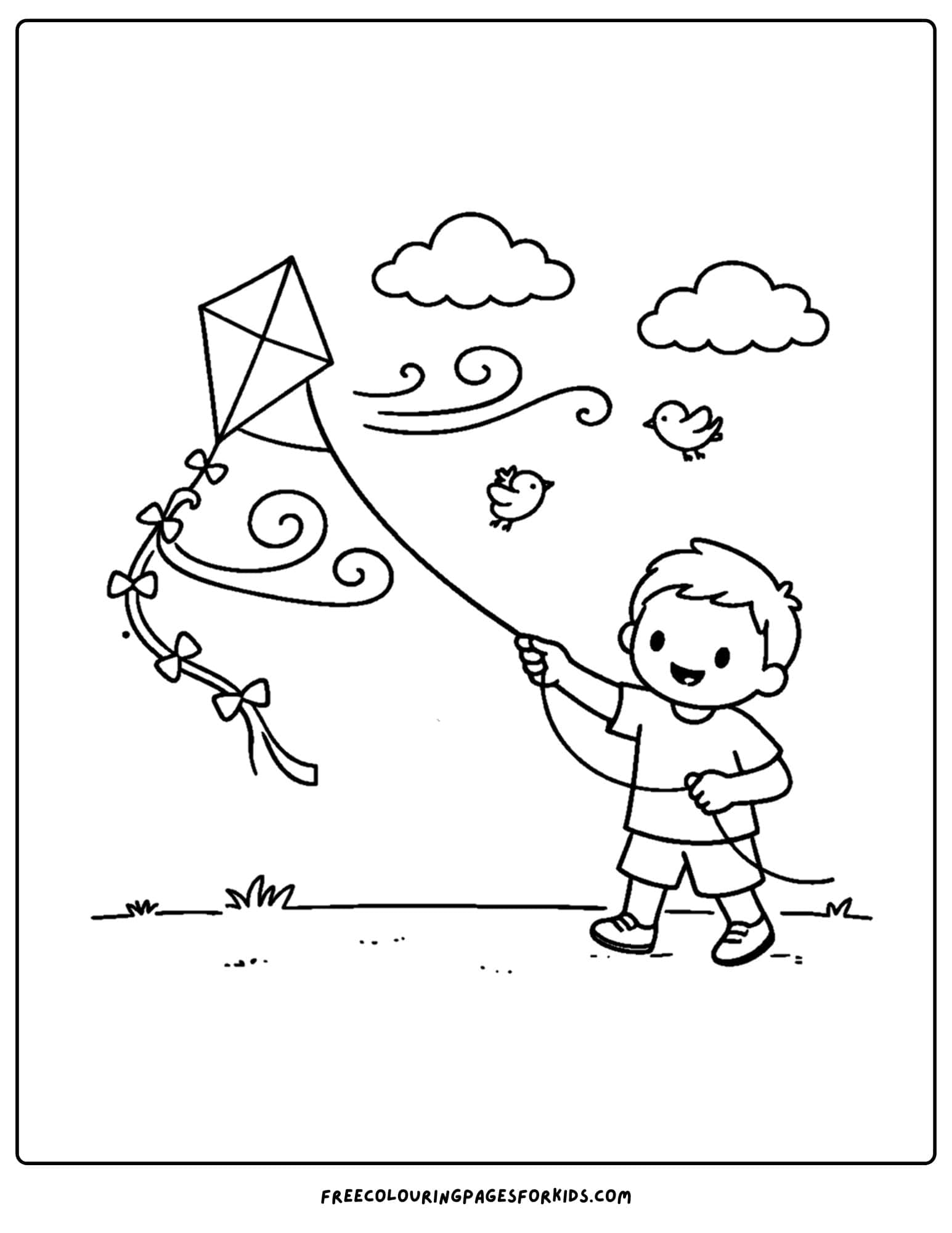 a simple coloring page of a child flying a kite