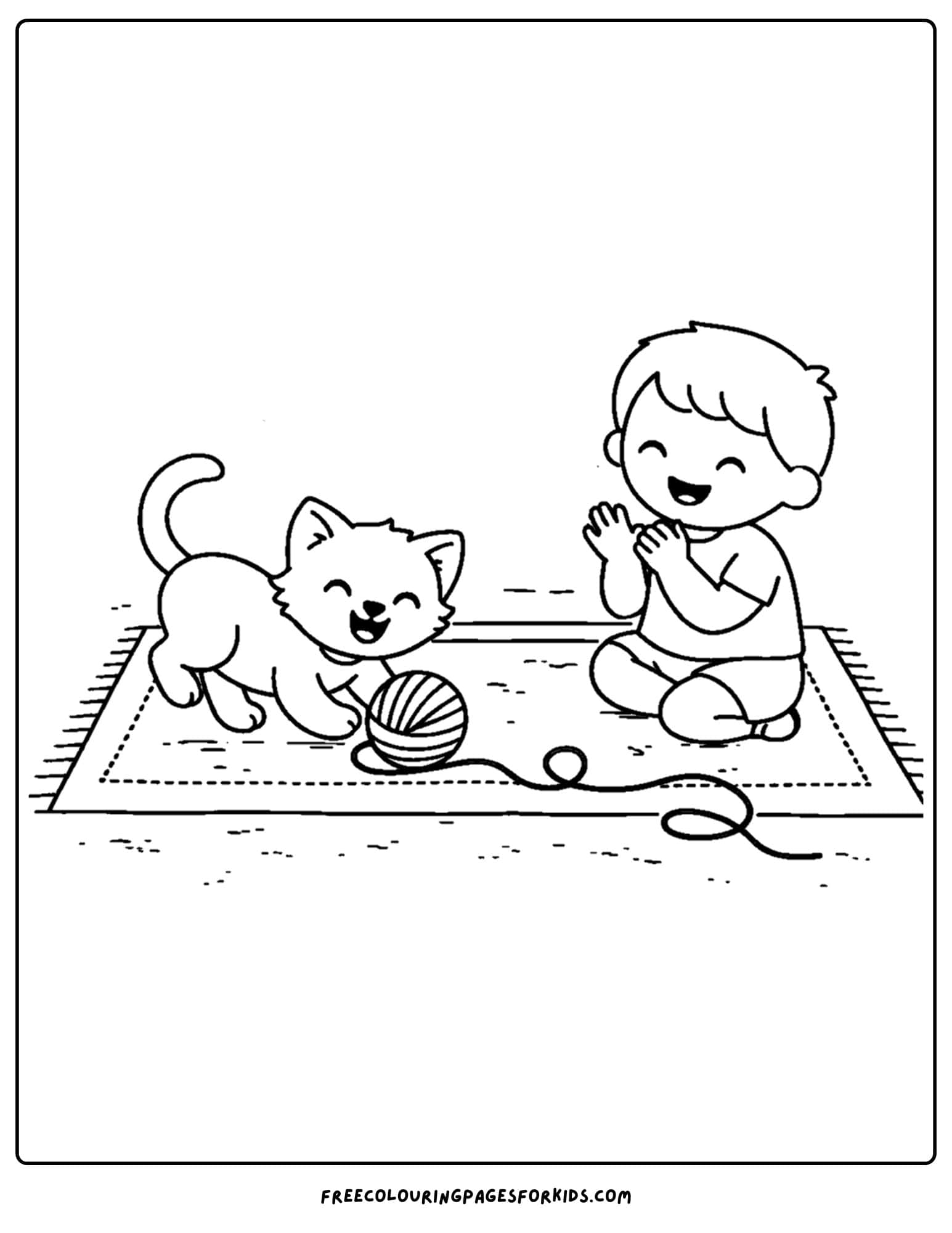 a simple coloring page of a child playing with a cat on a picnic blanket