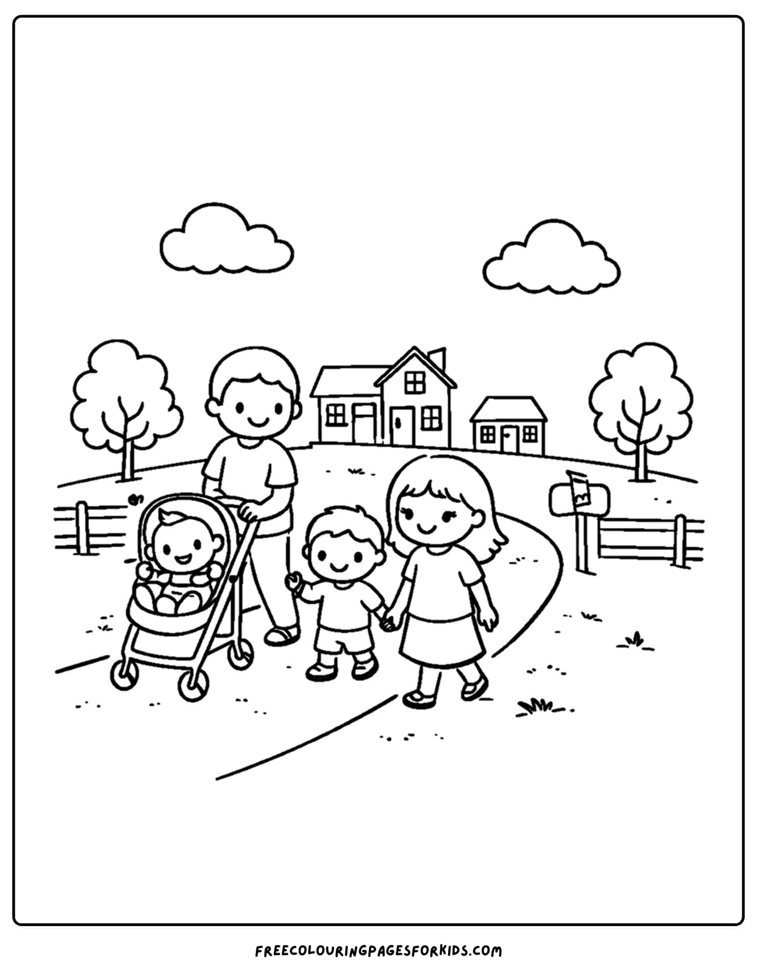 a simple coloring page of a family going for a walk in their neighbourhood