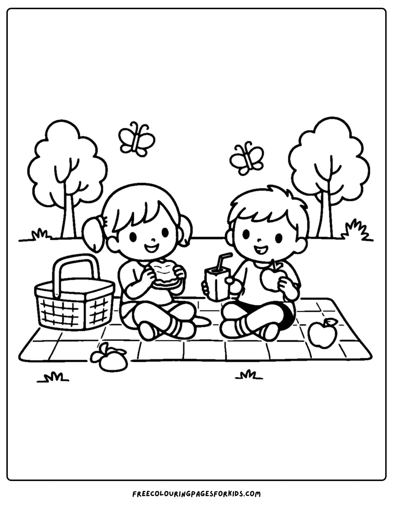 a simple coloring page of kids having a picnic snack