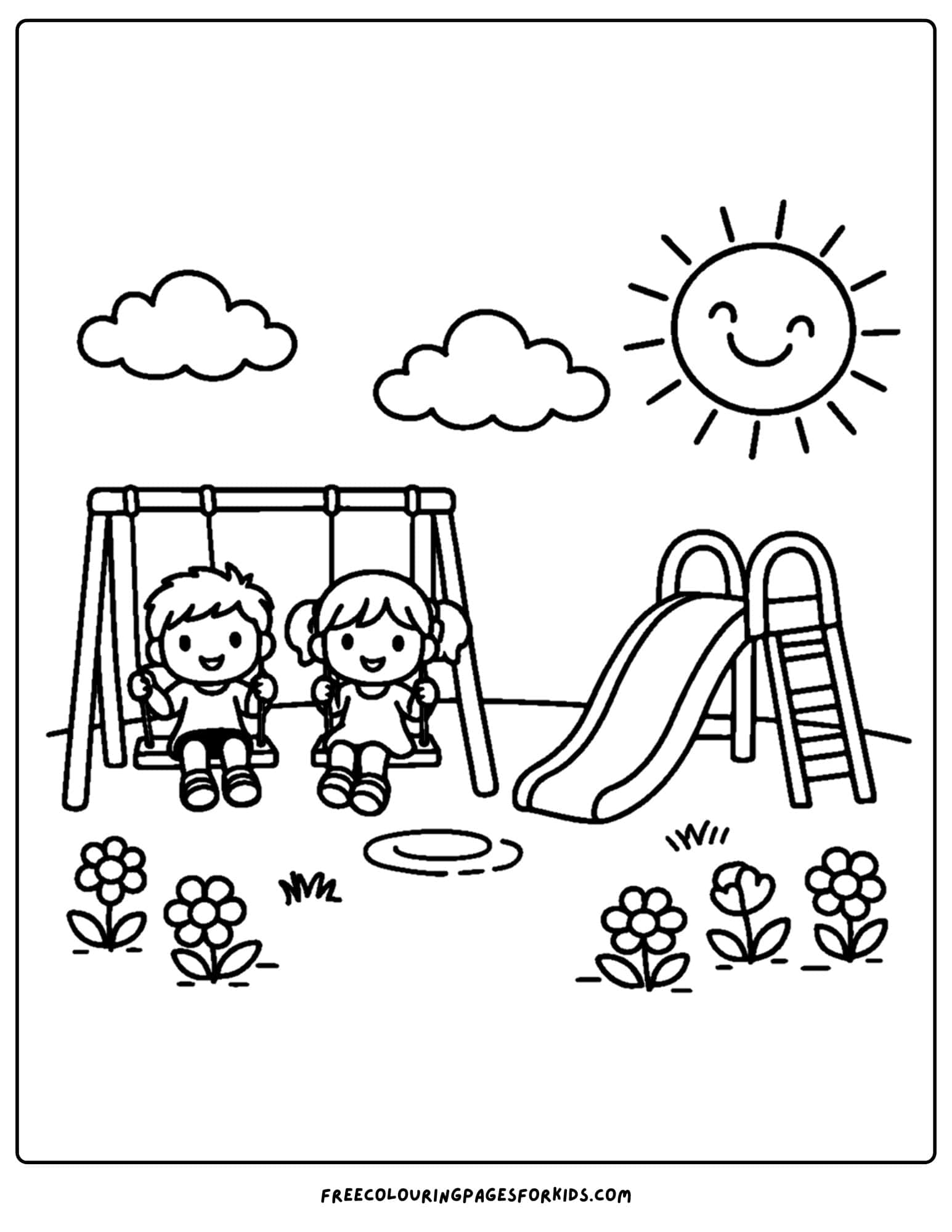 a simple coloring page of two children playing on the swings at a playground
