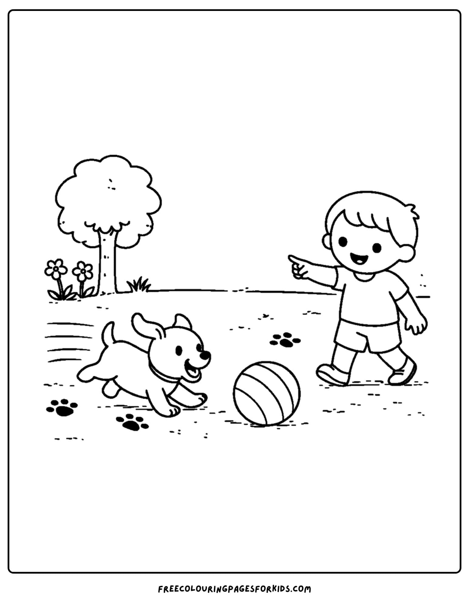 a simple coloring page of a child playing fetch with a pet dog