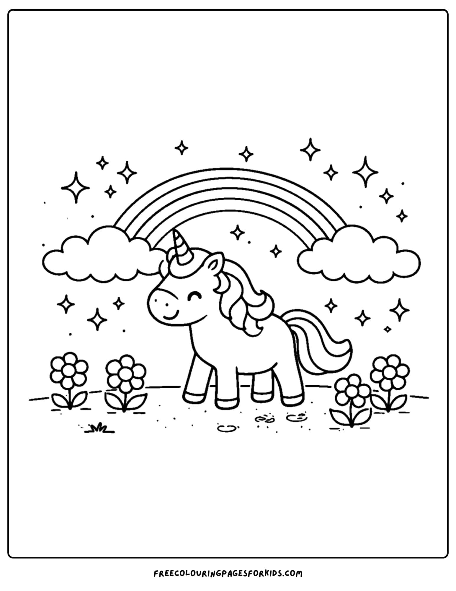 a simple coloring page of a unicorn underneath a rainbow in a field