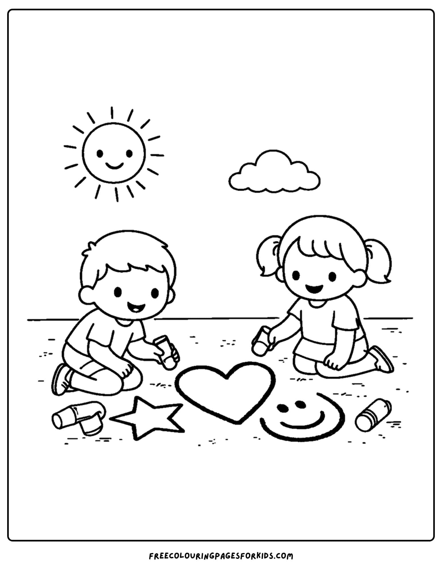 a simple coloring page of kids drawing a heart in the sand on a beach