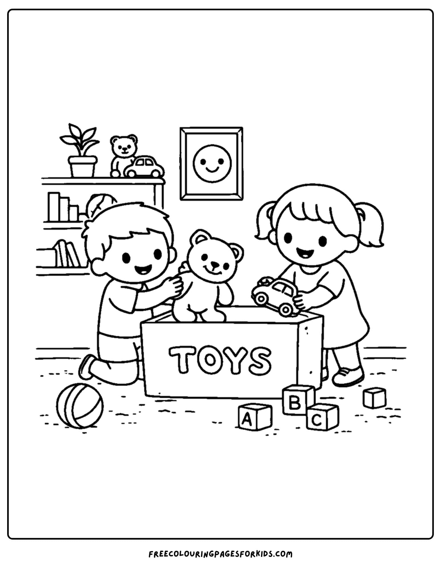 a simple coloring page of kids putting toys away in the toy box