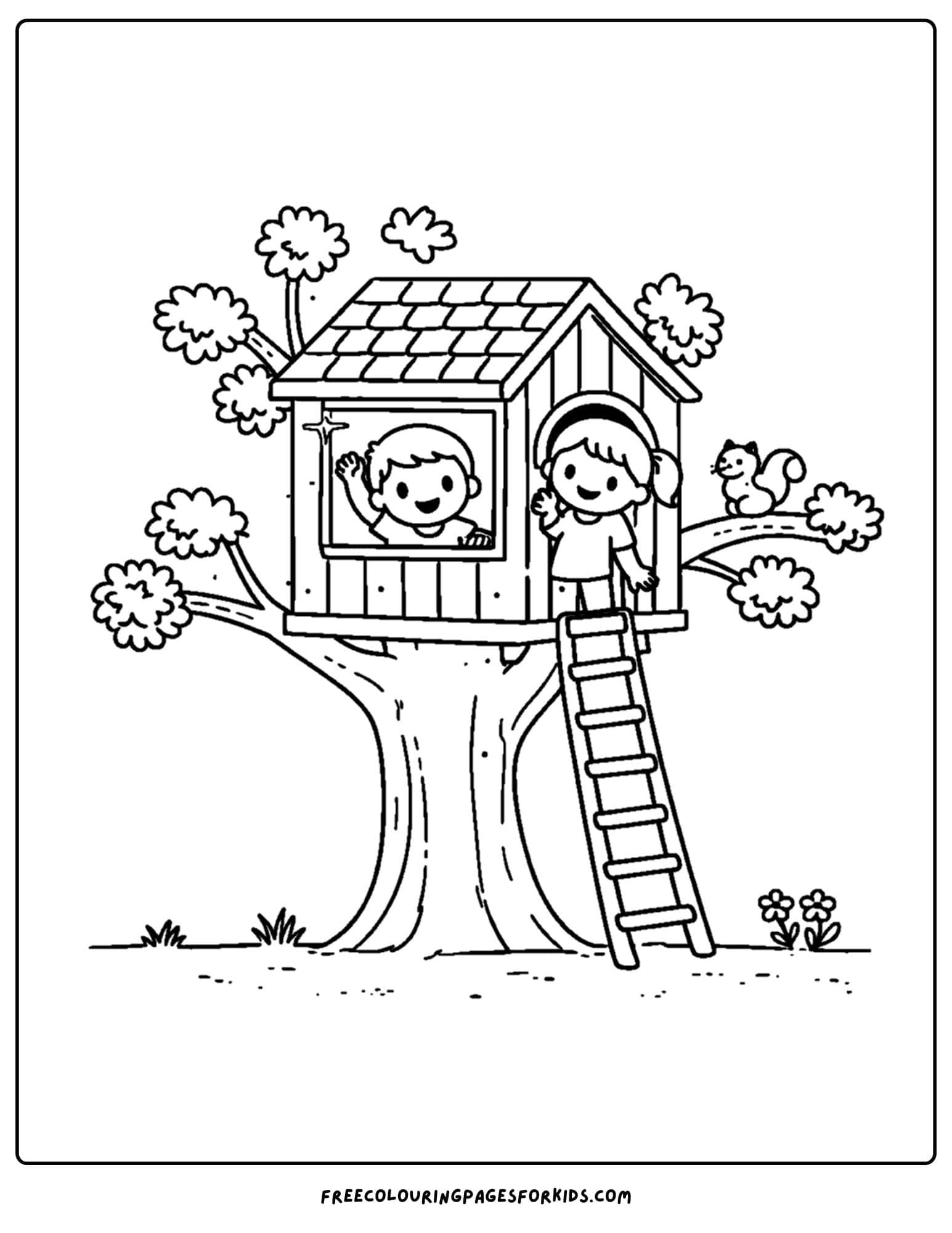 a simple coloring page of kids in a treehouse