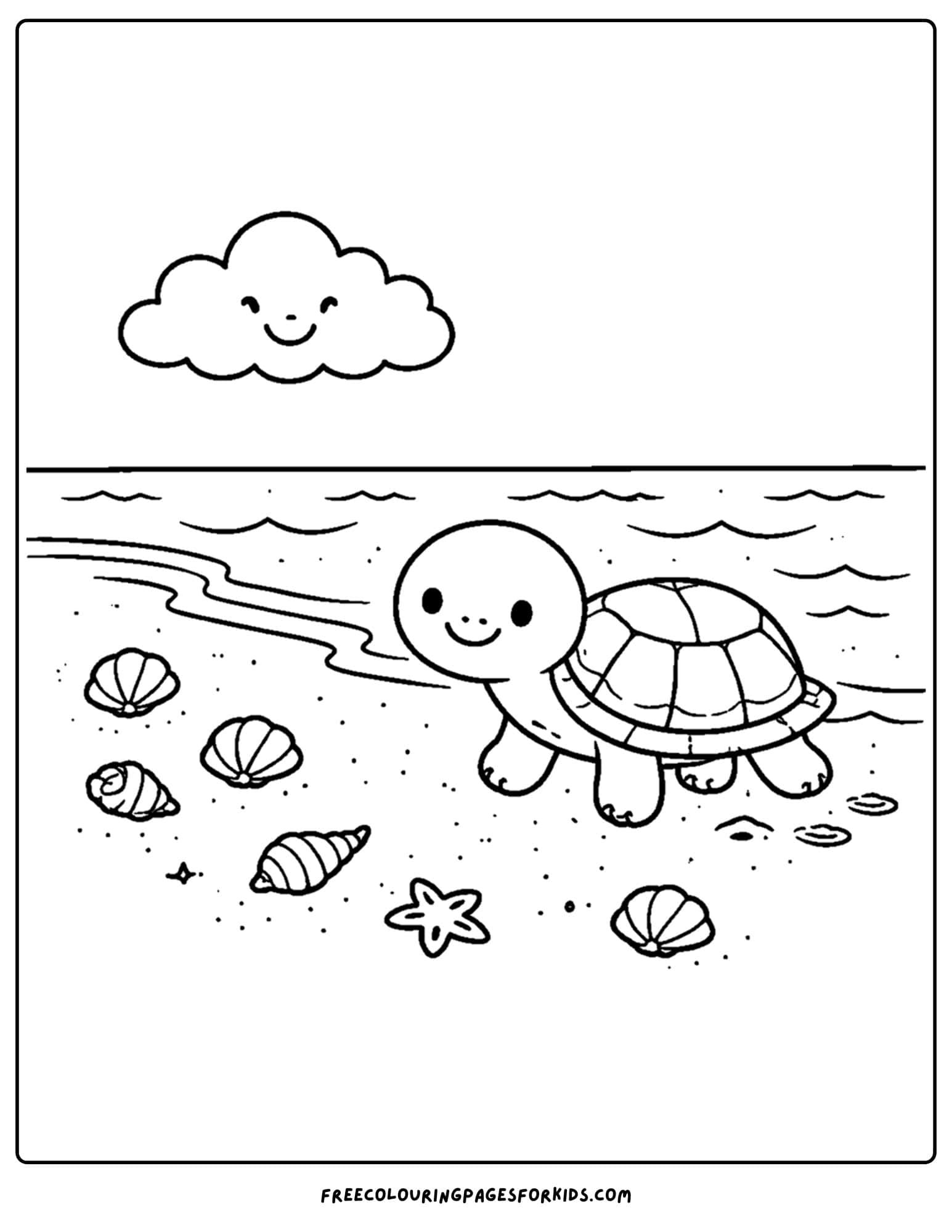 a simple coloring page of a turtle on the beach with shells around