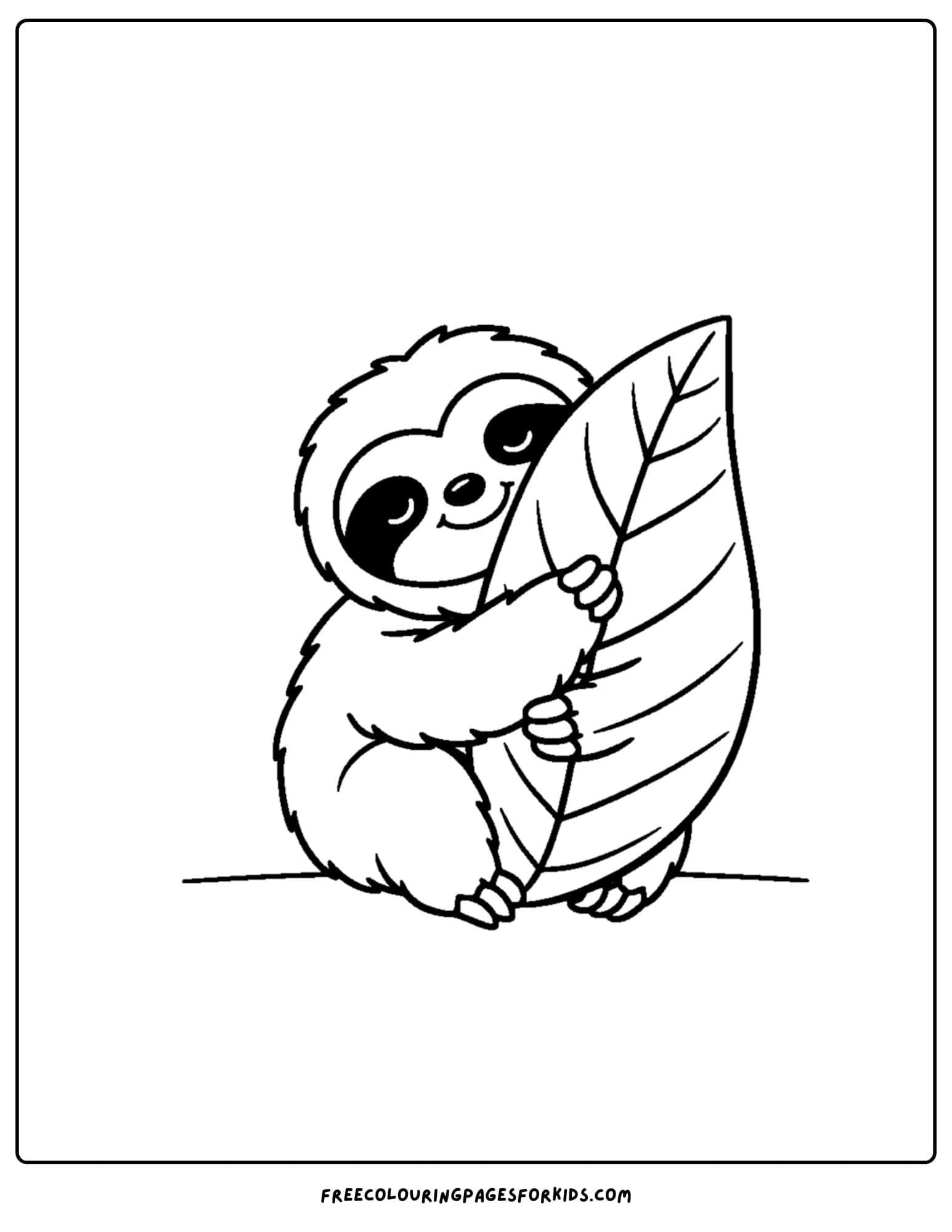 a coloring page of a sloth hugging a big leaf