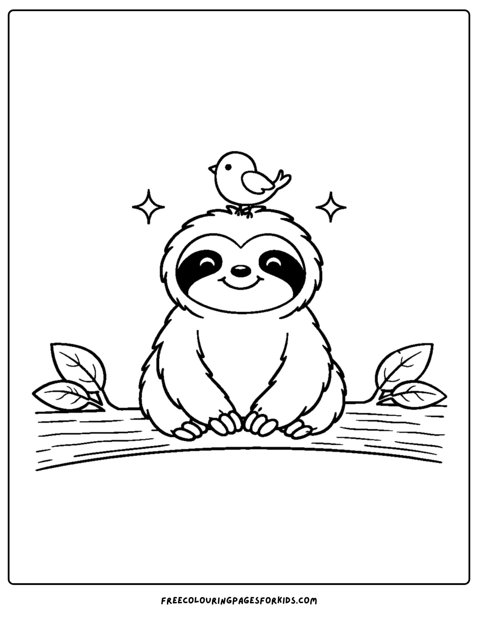a coloring page of a sloth sitting with a bird on its head