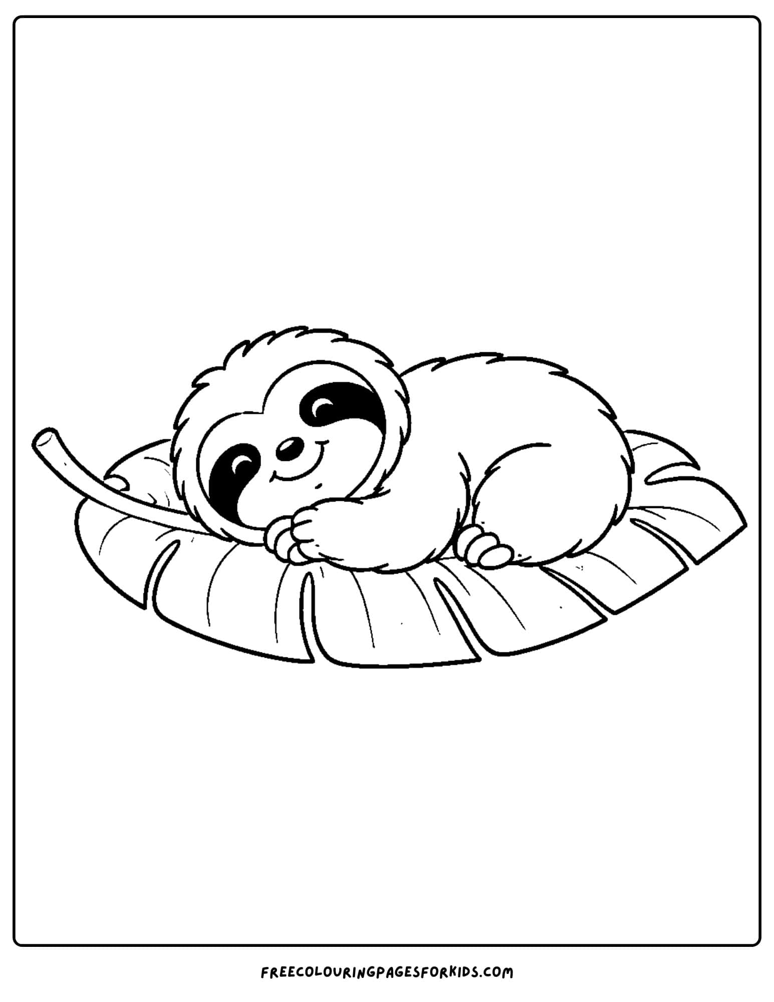 a coloring page of a sloth sleeping on a big leaf