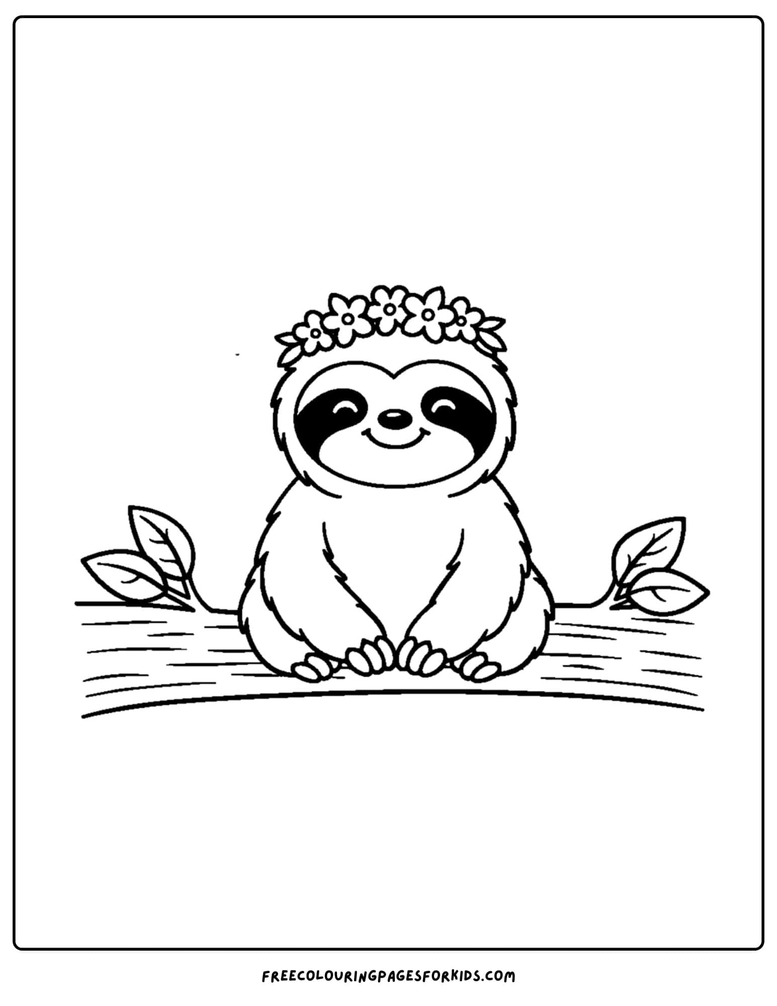 a coloring page of a sloth on a branch wearing a flower crown