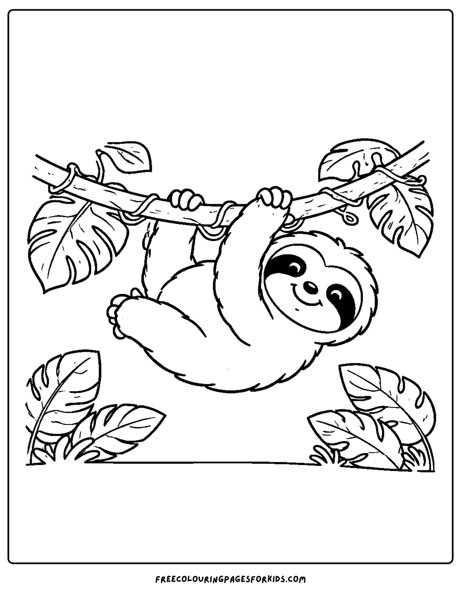 a coloring page of a sloth hanging from a vine