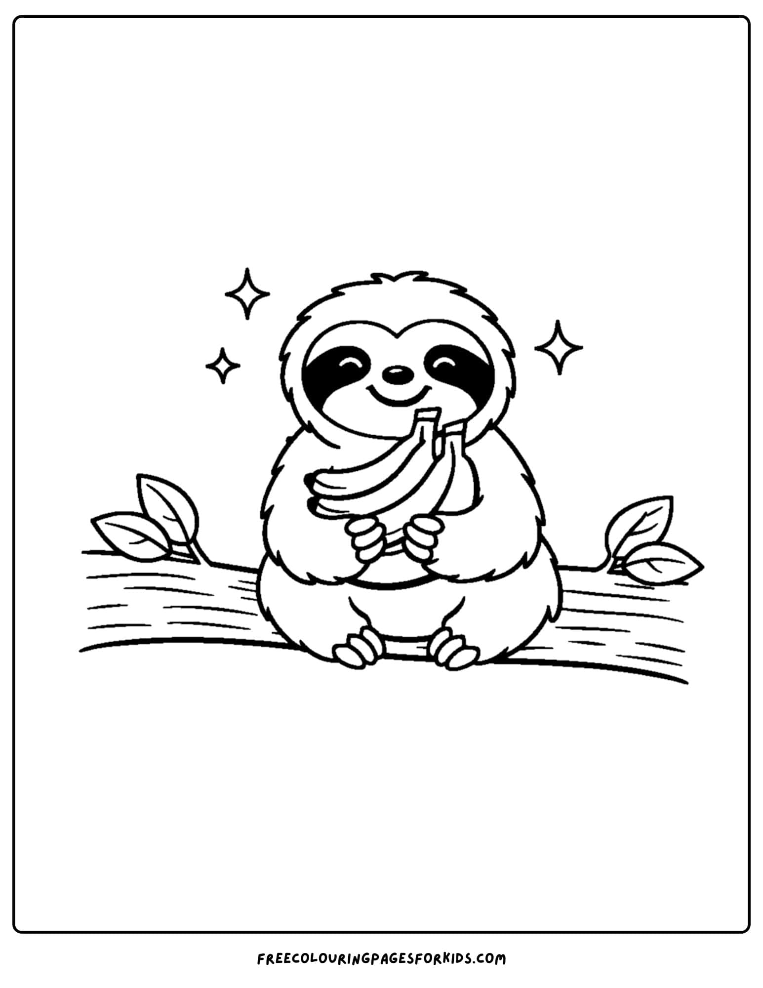 a coloring page of a sloth holding a bunch of bananas