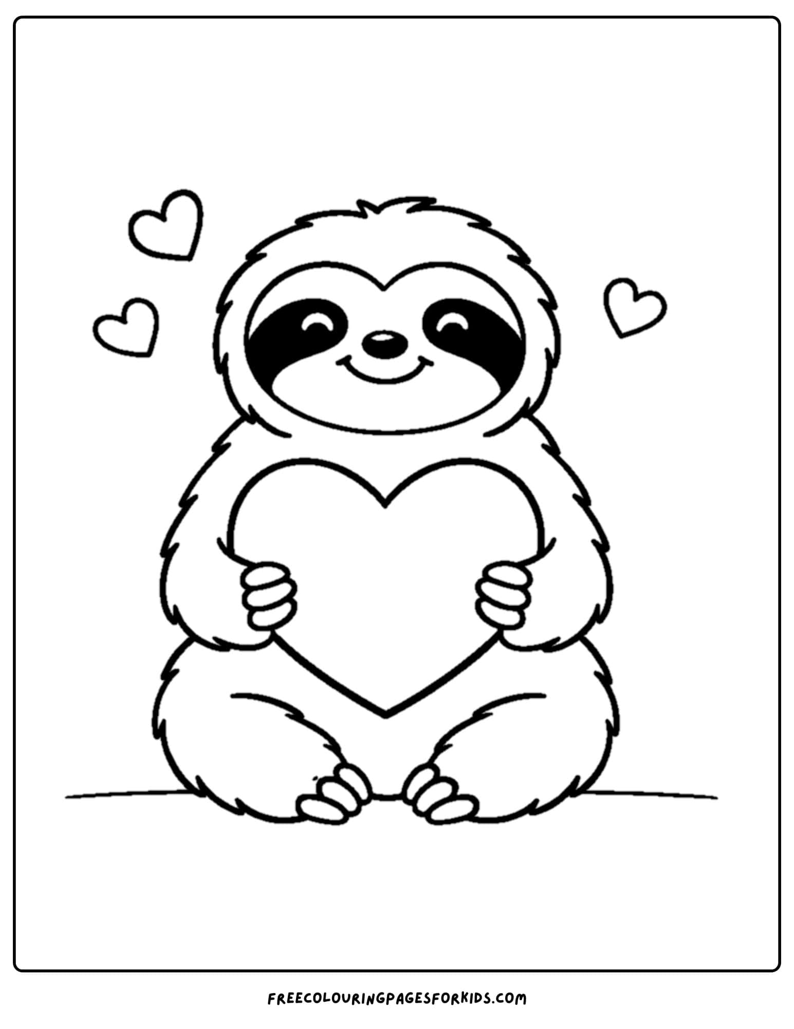 a coloring page of a sloth holding a big heart