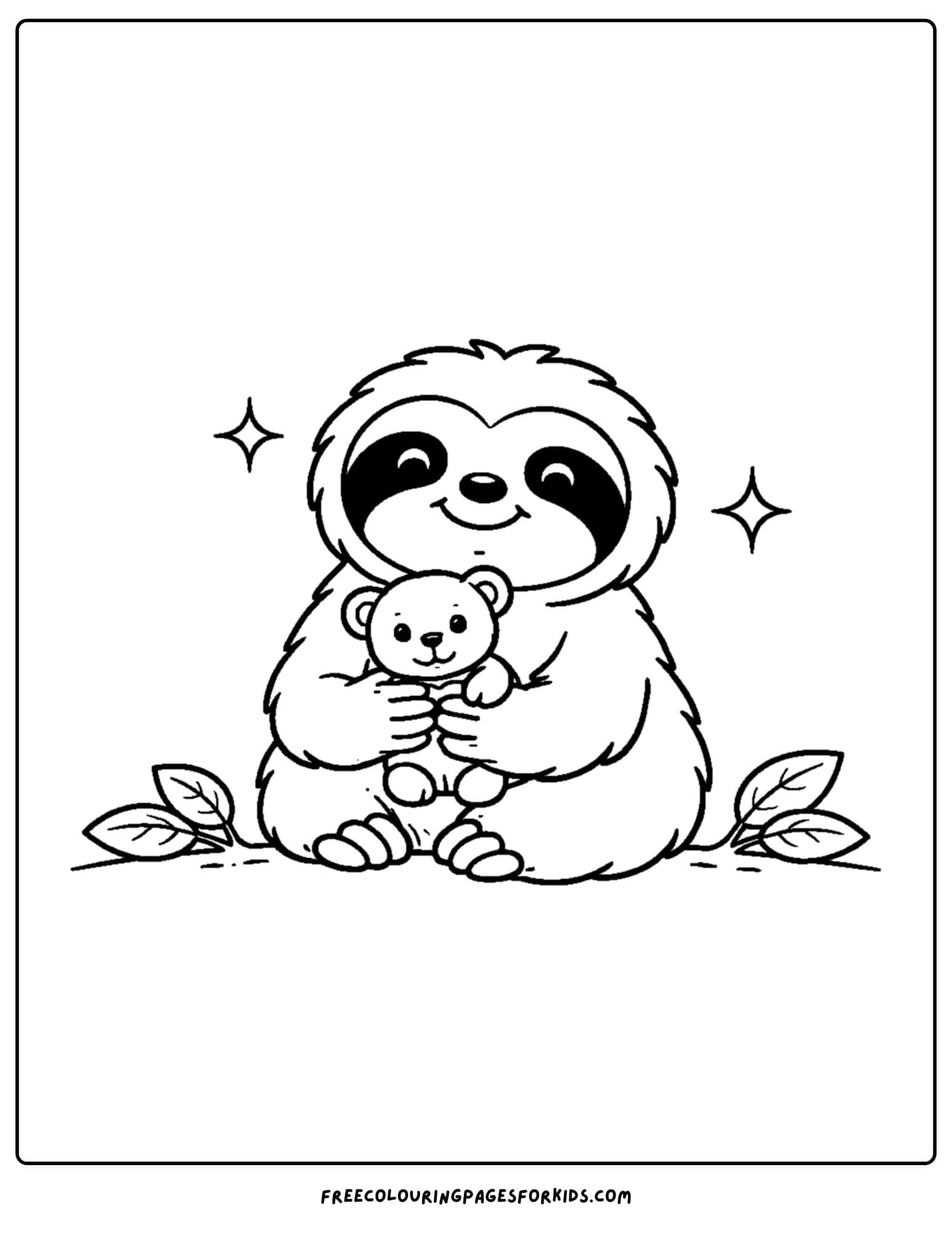 a coloring page of a sloth cuddling a teddy bear
