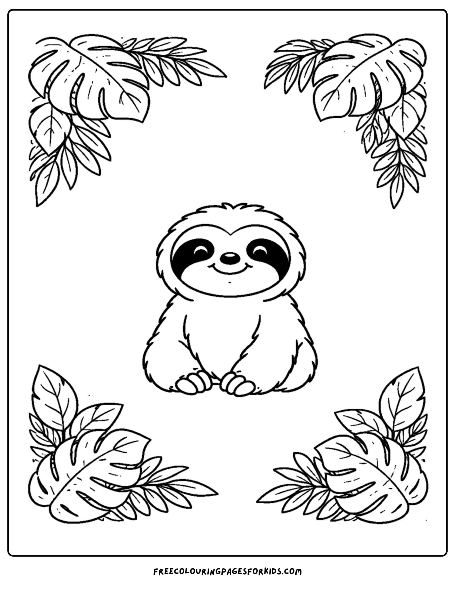 a coloring page of a sloth sitting with leaves framing the corners