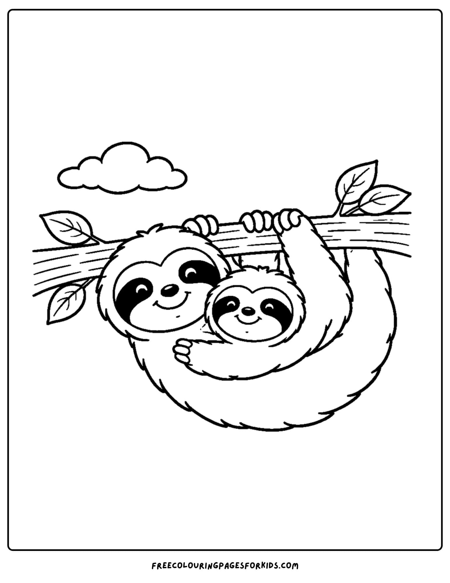 a coloring page of a sloth with a baby