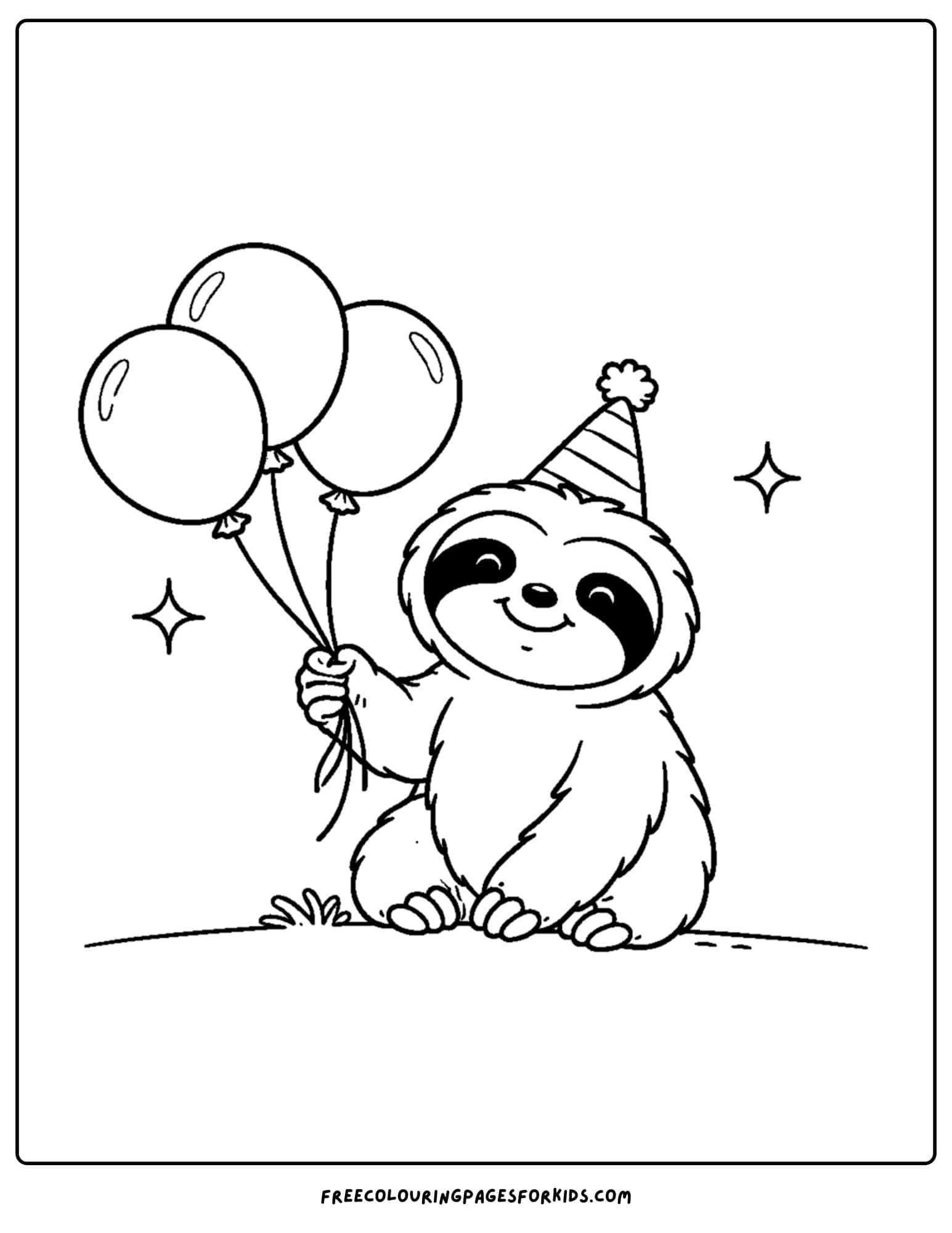 a coloring page of a sloth celebrating a birthday with balloons