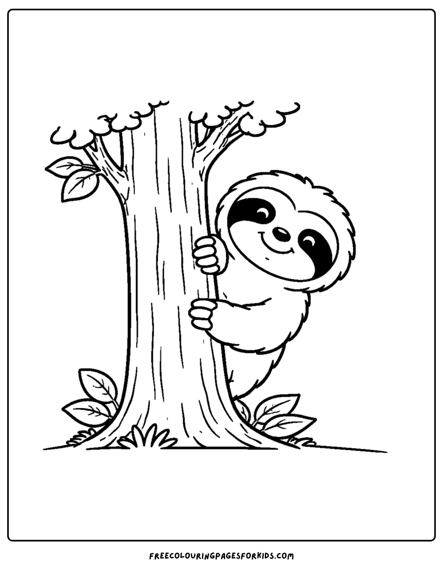 a coloring page of a sloth peeking from behind a tree