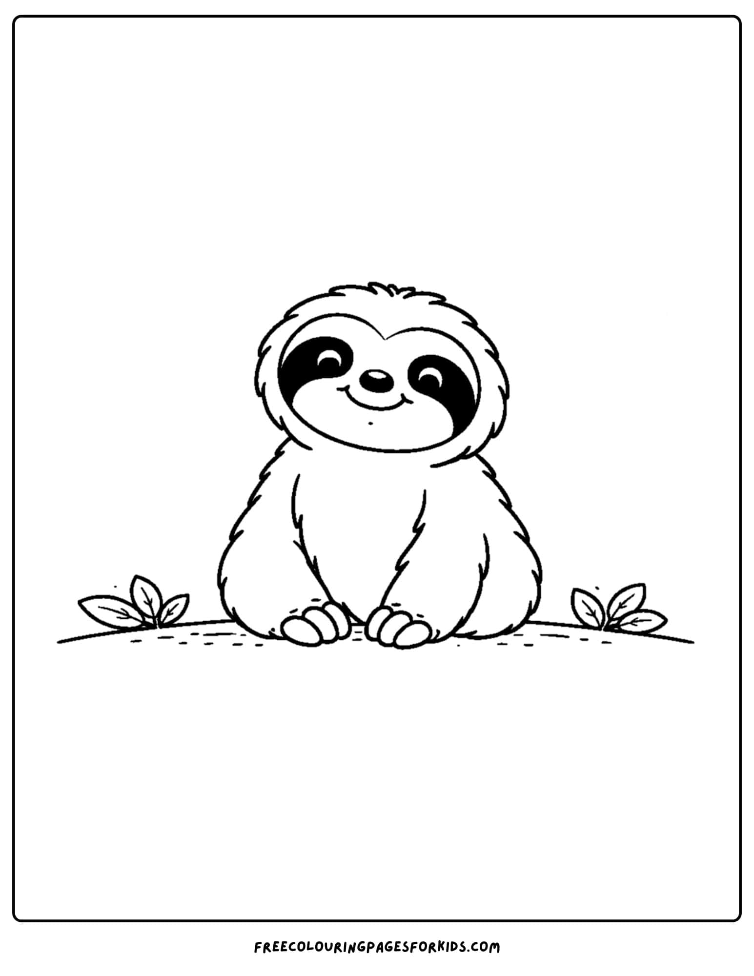 a coloring page of a sloth sitting posing for a photo