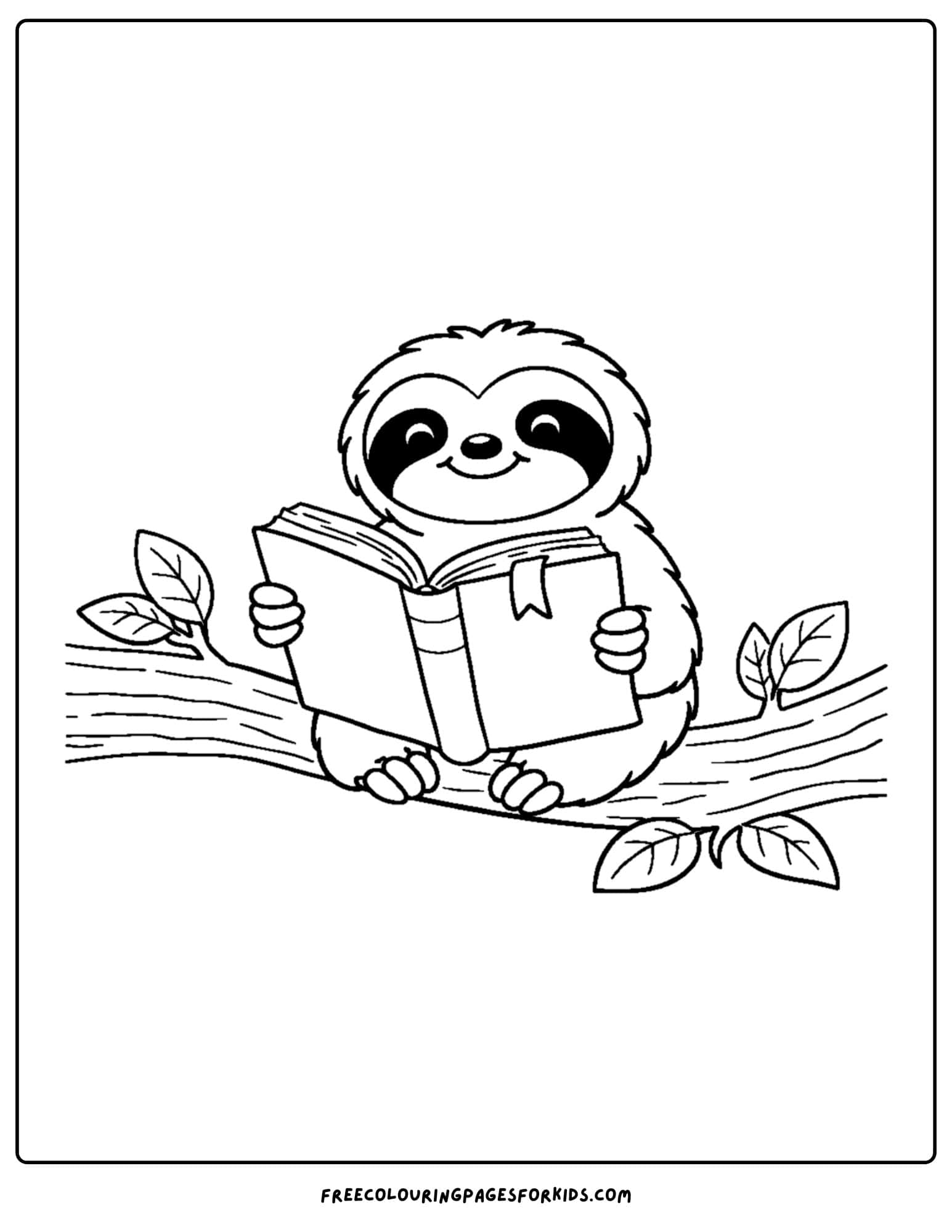 a coloring page of a sloth reading a book on a branch
