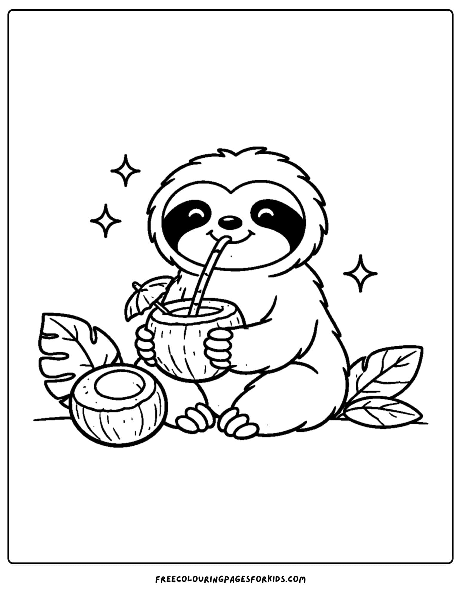 a coloring page of a sloth drinking from a coconut