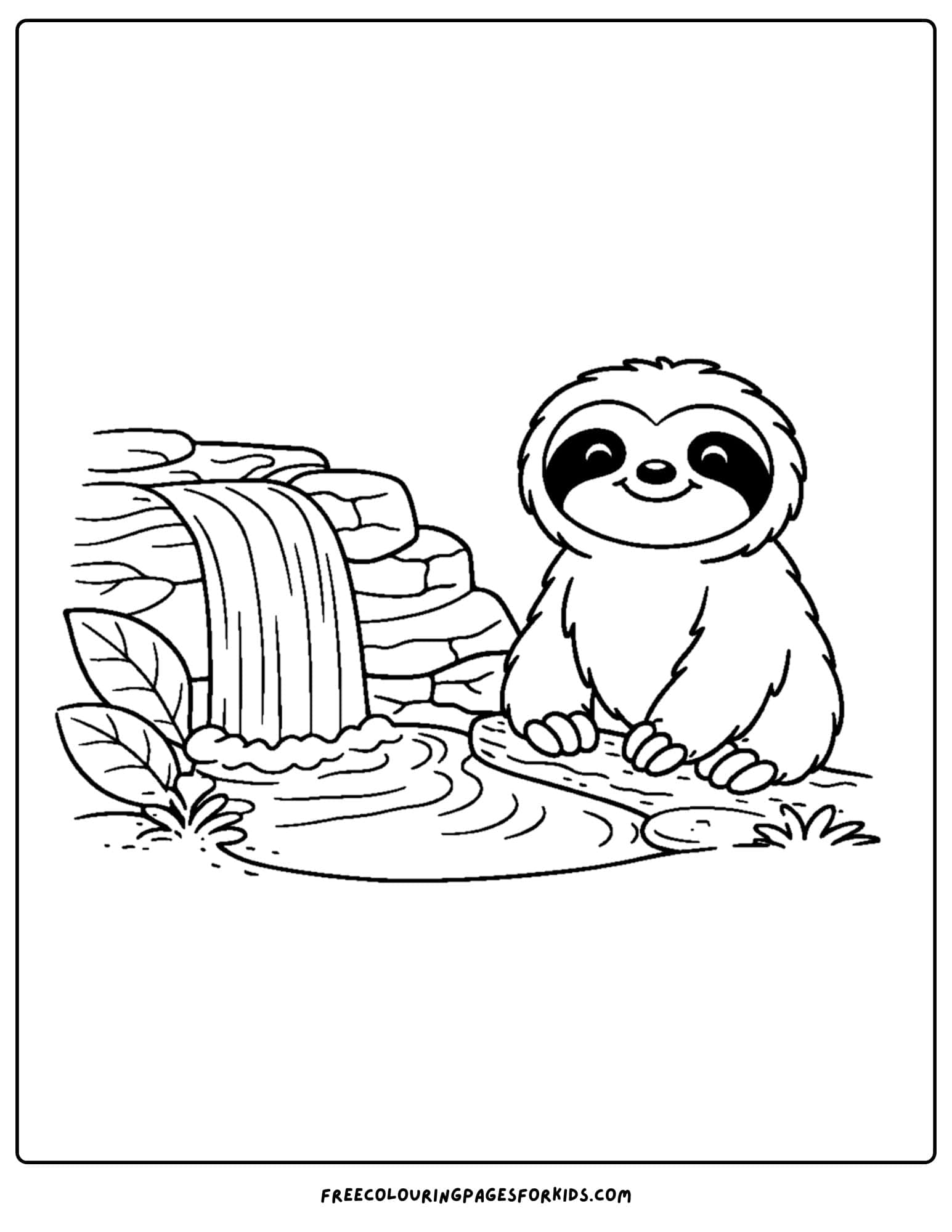 a coloring page of a sloth next to a waterfall