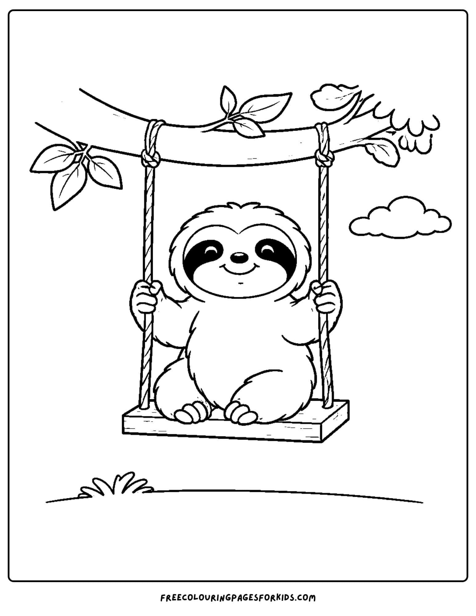 a coloring page of a sloth on a swing