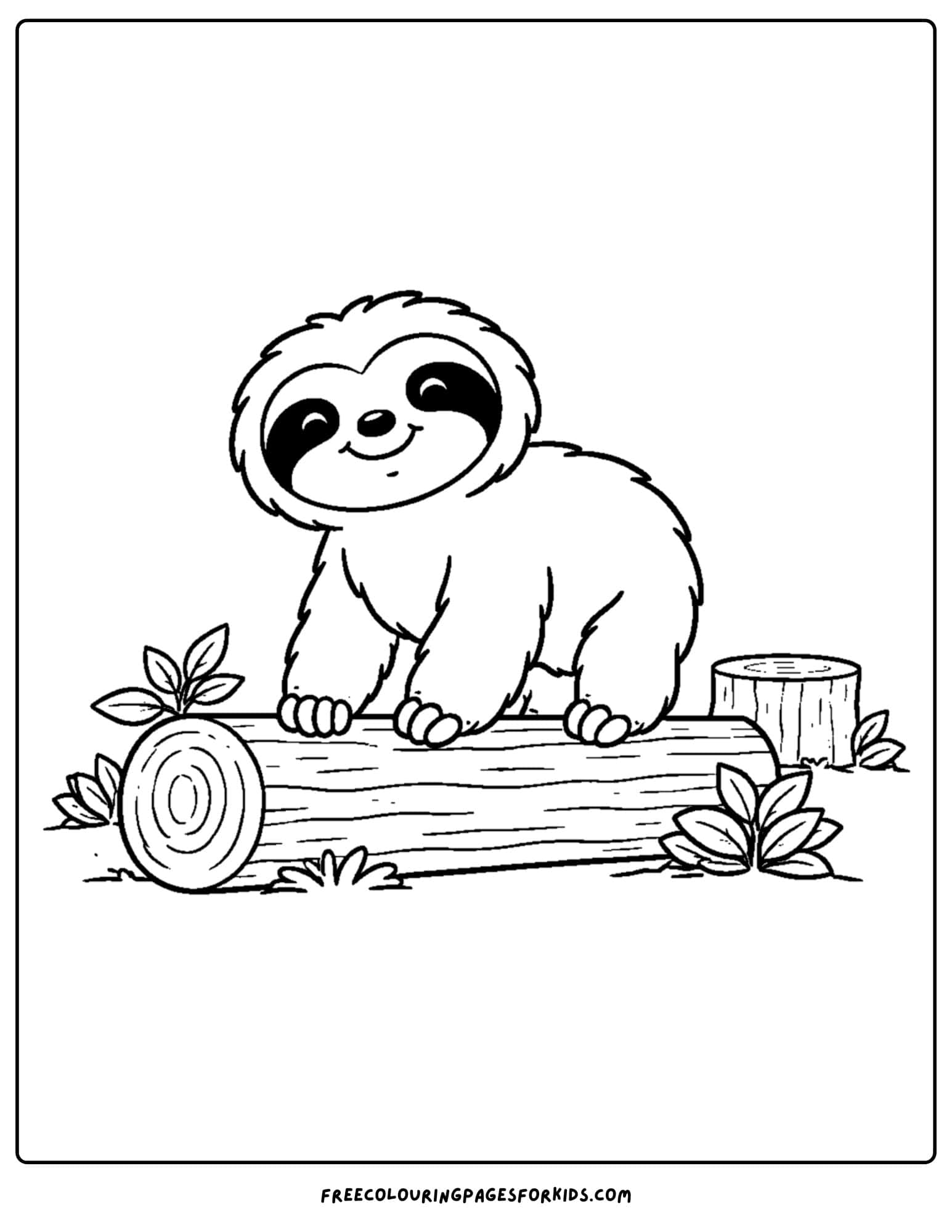 a coloring page of a sloth on a log