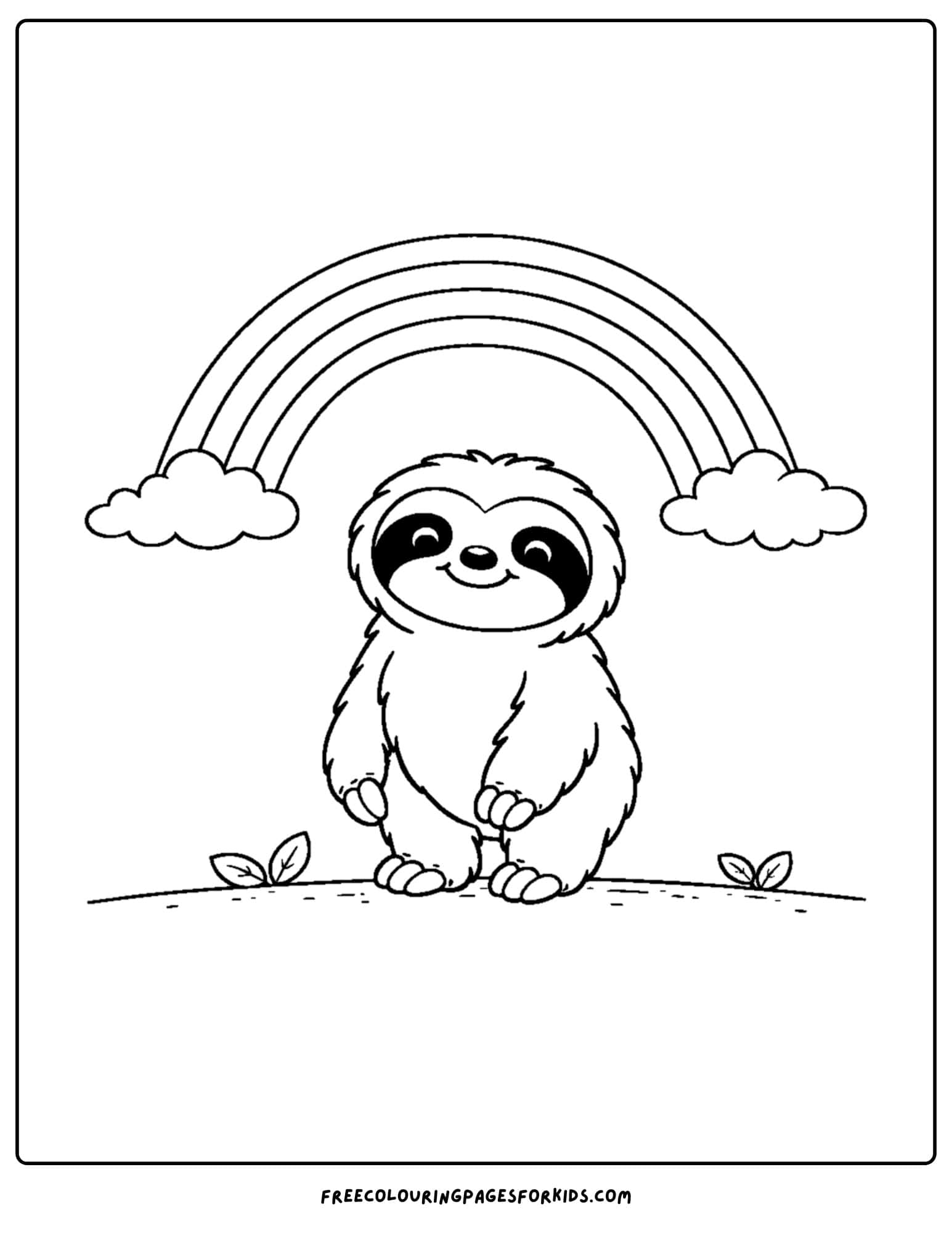 a coloring page of a sloth sitting under a rainbow