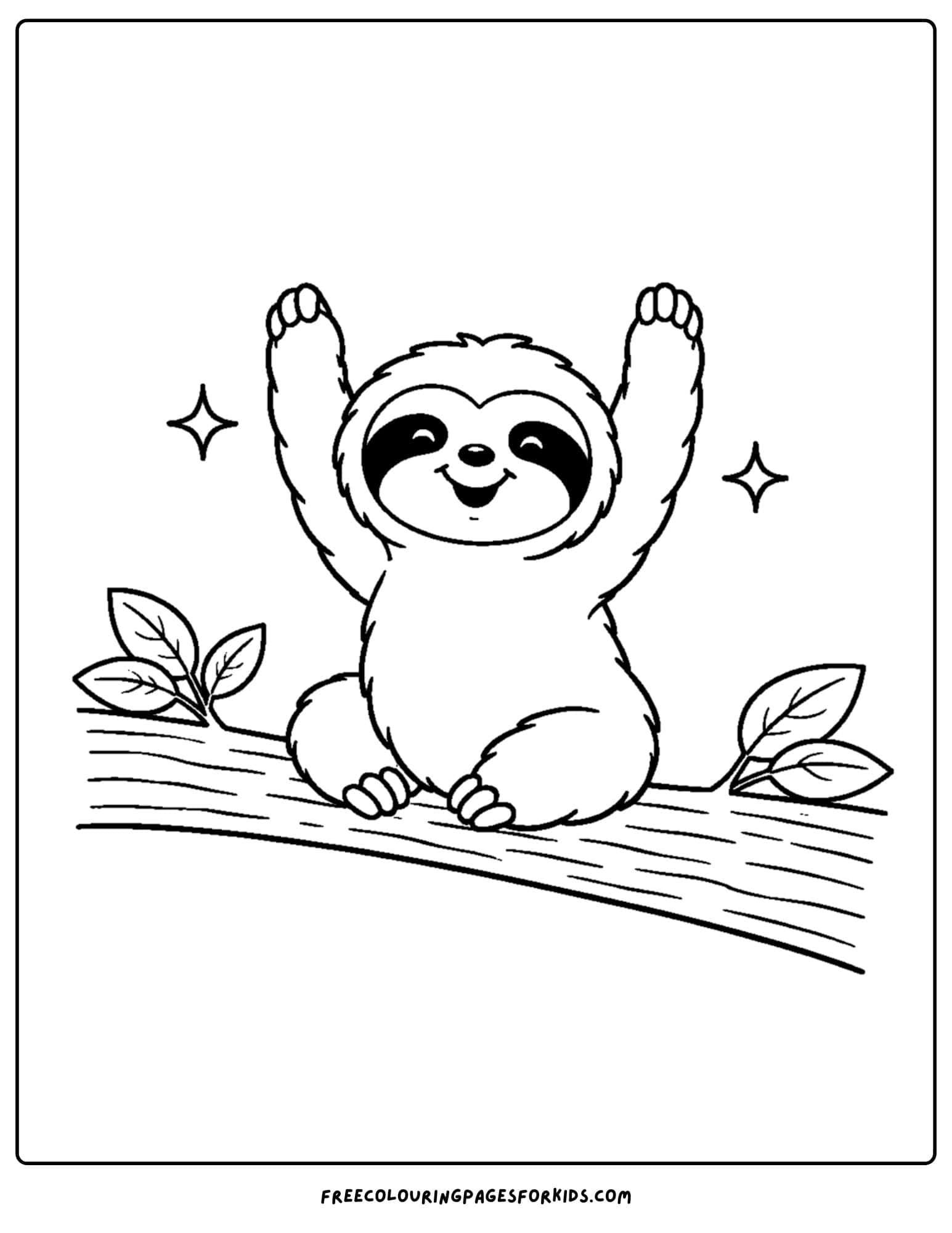 a coloring page of a sloth stretching its arms up