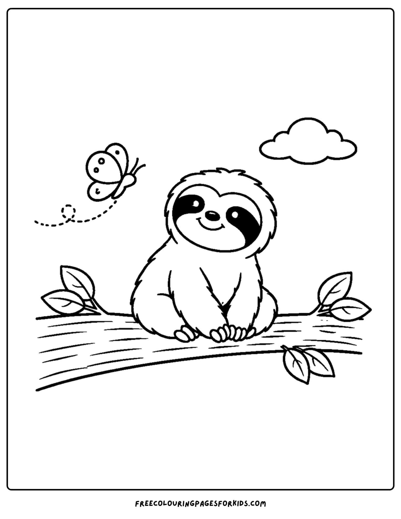 a coloring page of a sloth sitting on a branch with a butterfly flying past