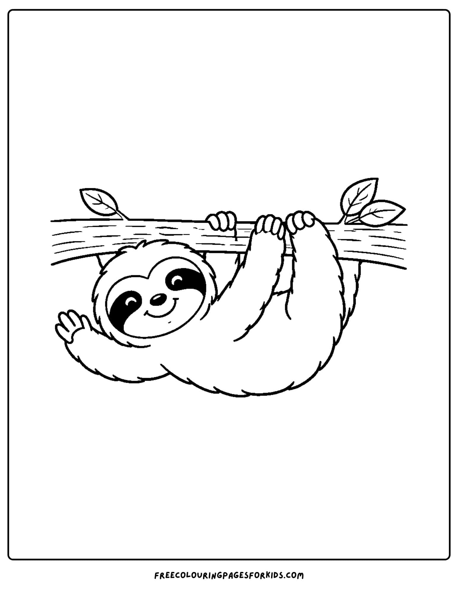 a coloring page of a sloth hanging from a branch and waving