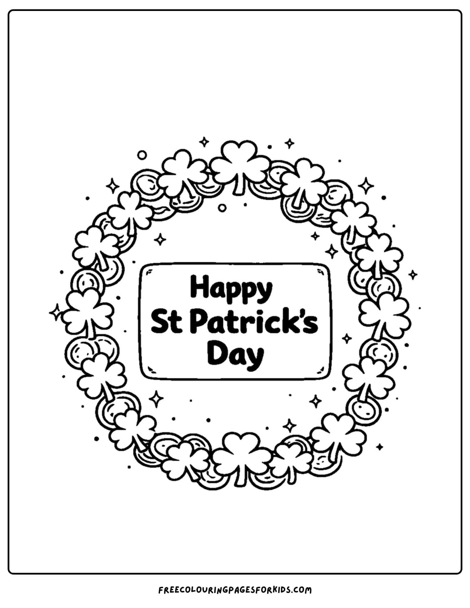 a st patricks day themed coloring page showing a clover wreath
