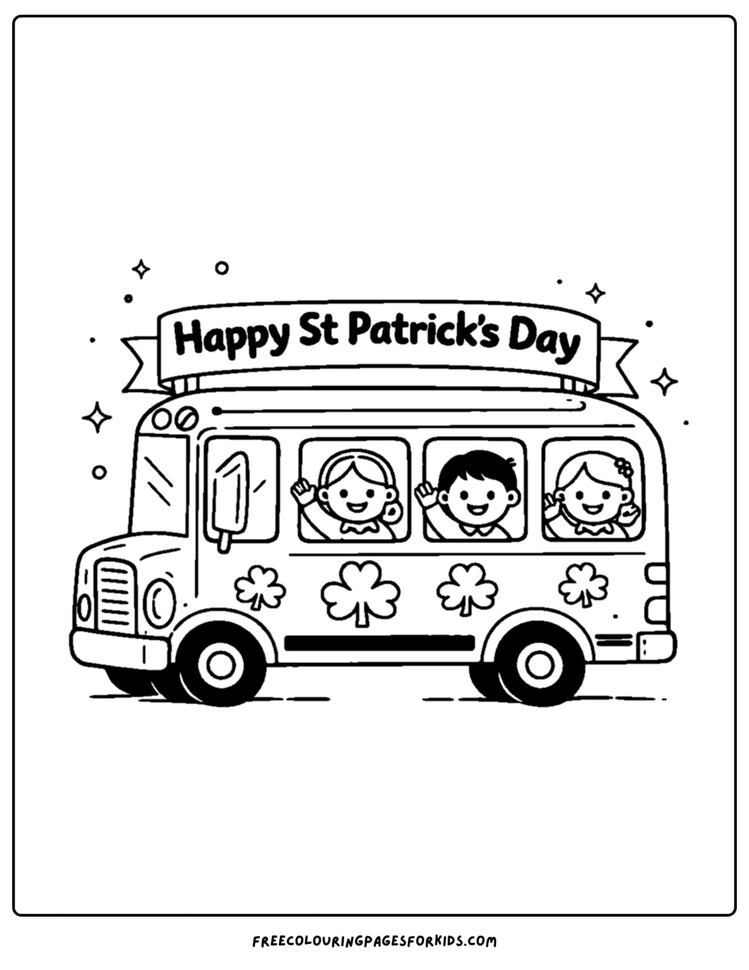 a st patricks day themed coloring page showing a school bus decorated for st patricks day