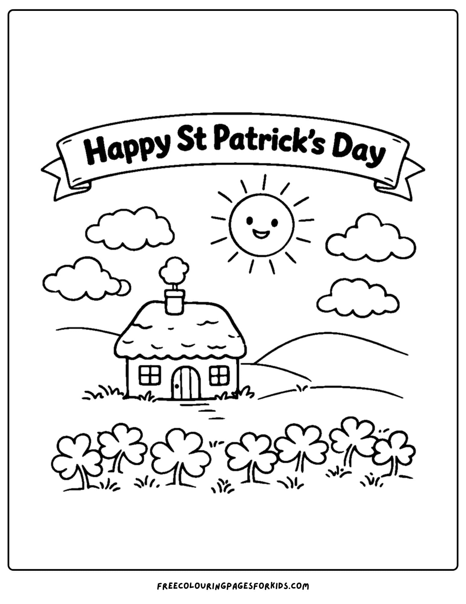 a st patricks day themed coloring page showing a cute cottage in the hills