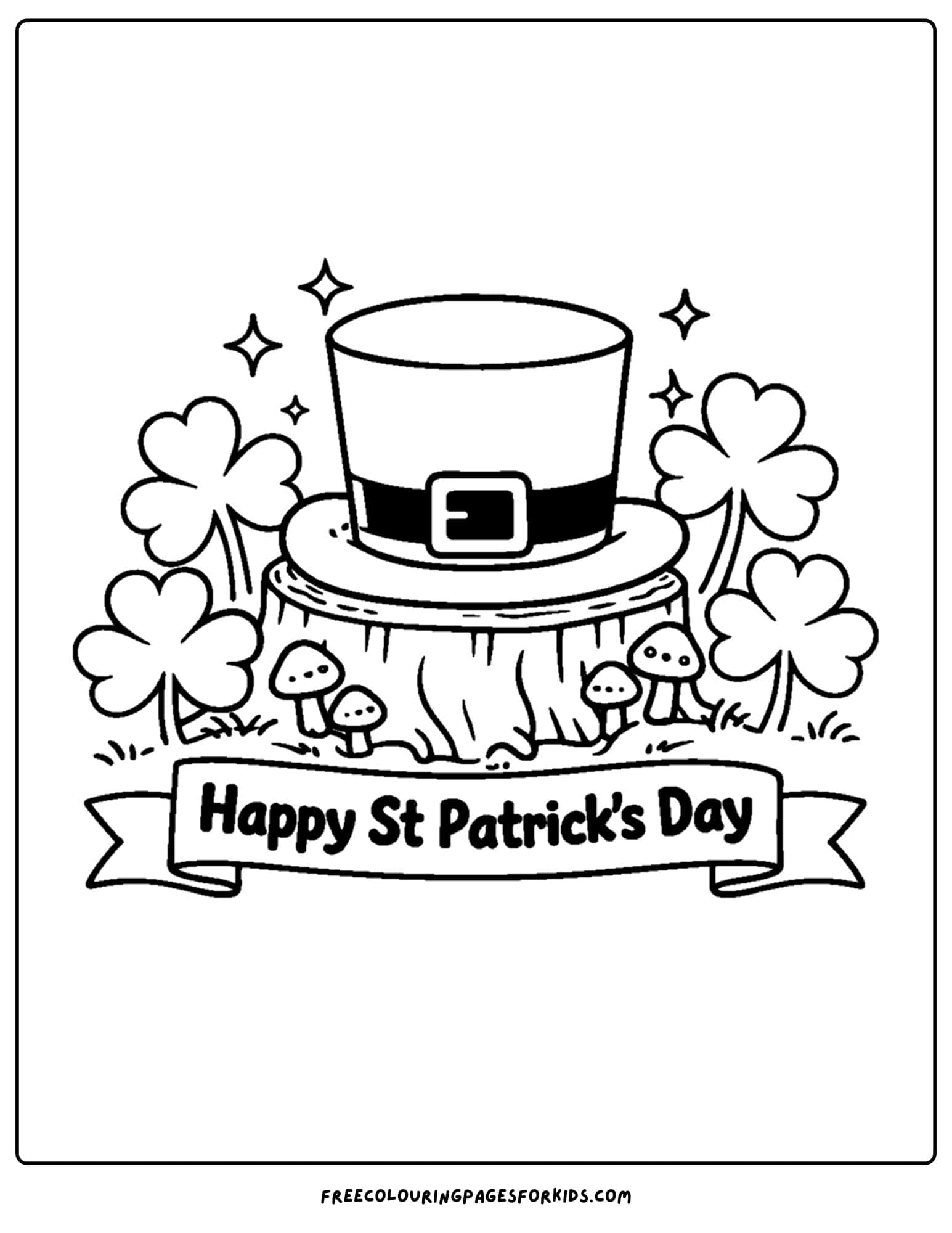 a st patricks day themed coloring page showing a hat surrounded by shamrocks